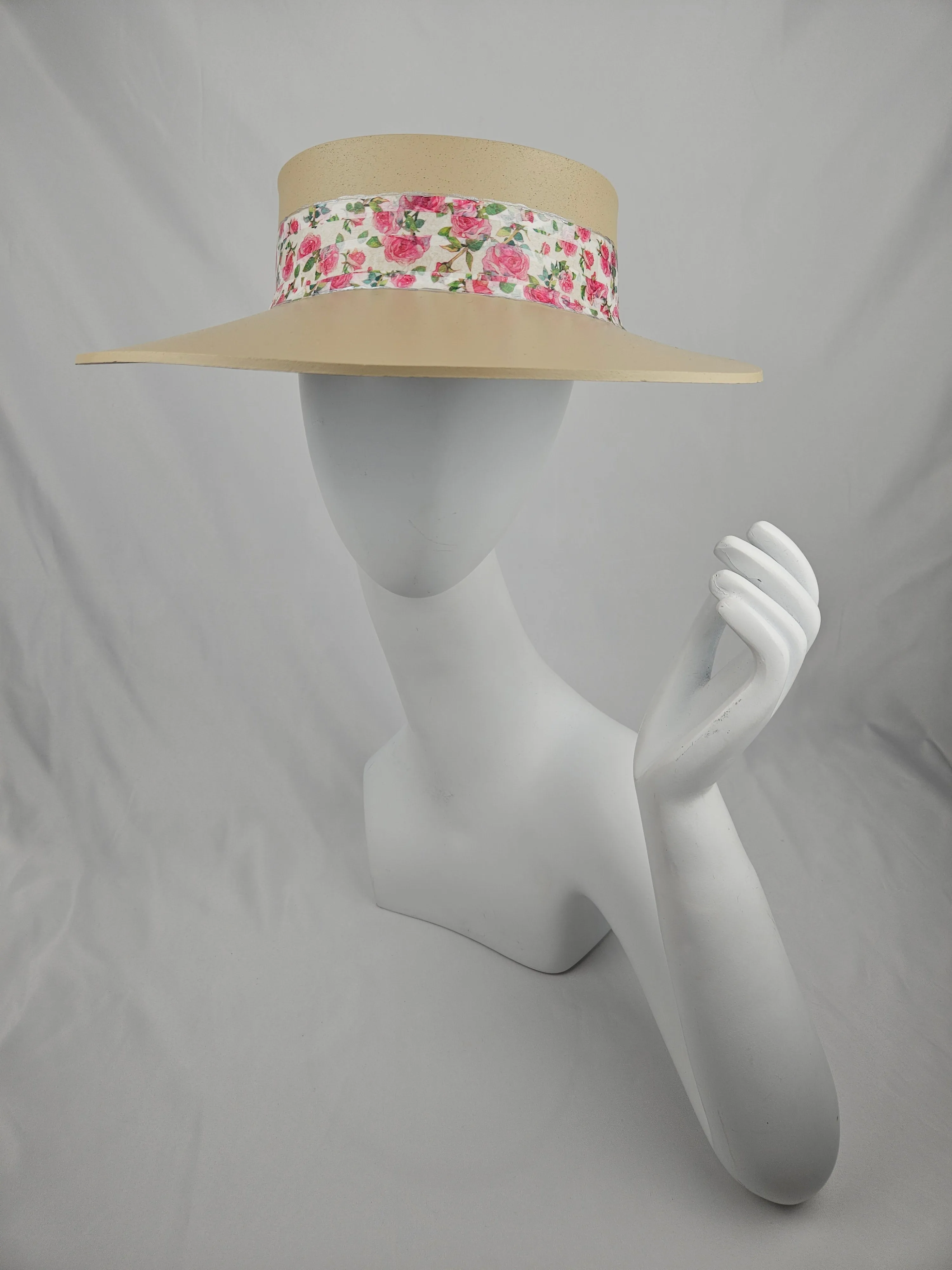 Beige "LadyEVA" Visor Hat with Bright Pink Floral Band