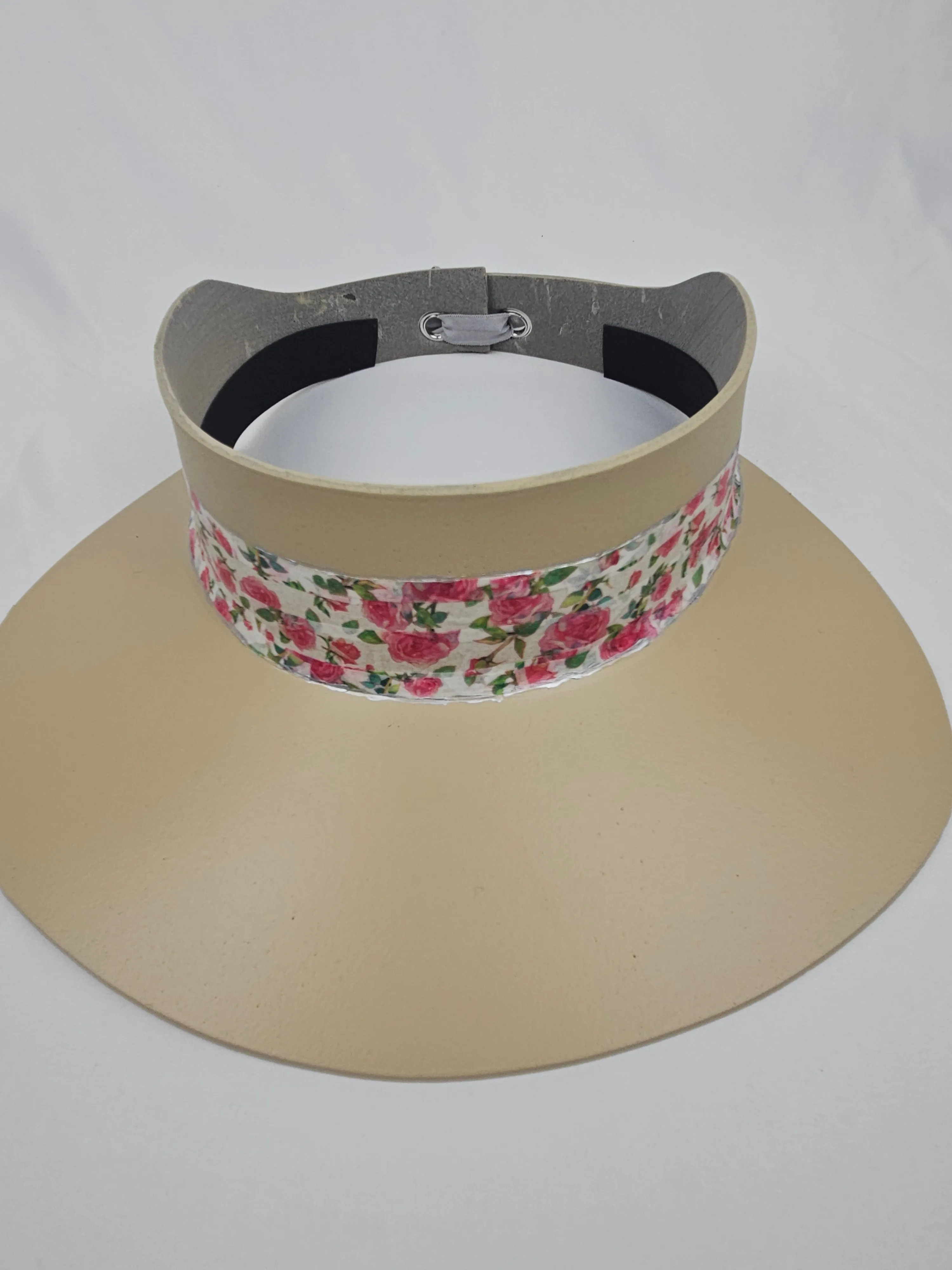 Beige "LadyEVA" Visor Hat with Bright Pink Floral Band