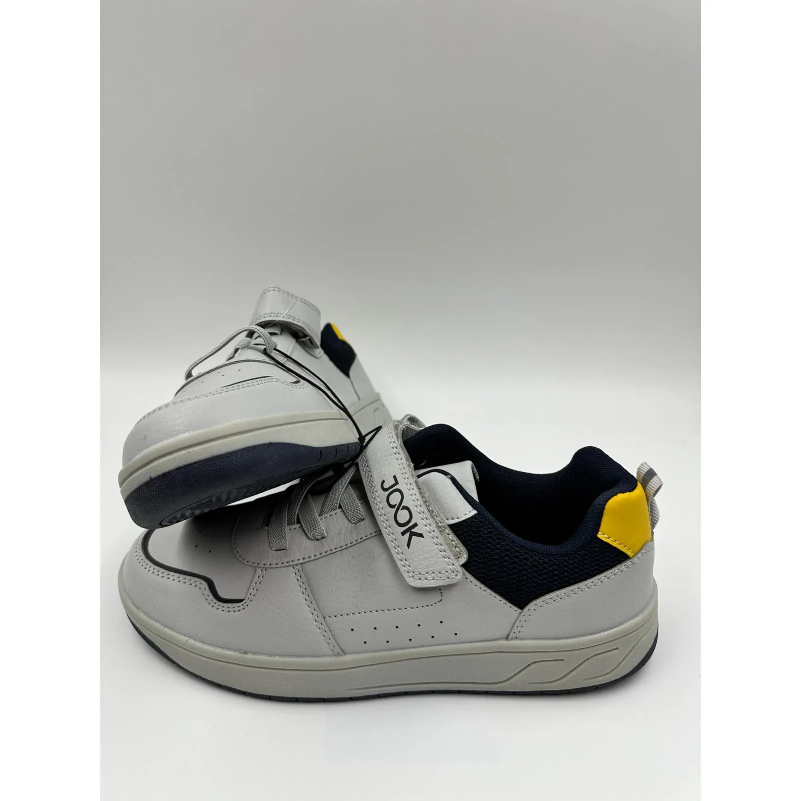 Big Kid Size 6, Gray Fashion Sneakers, w/ Strap, Gray Sole, Black & Yellow Trim