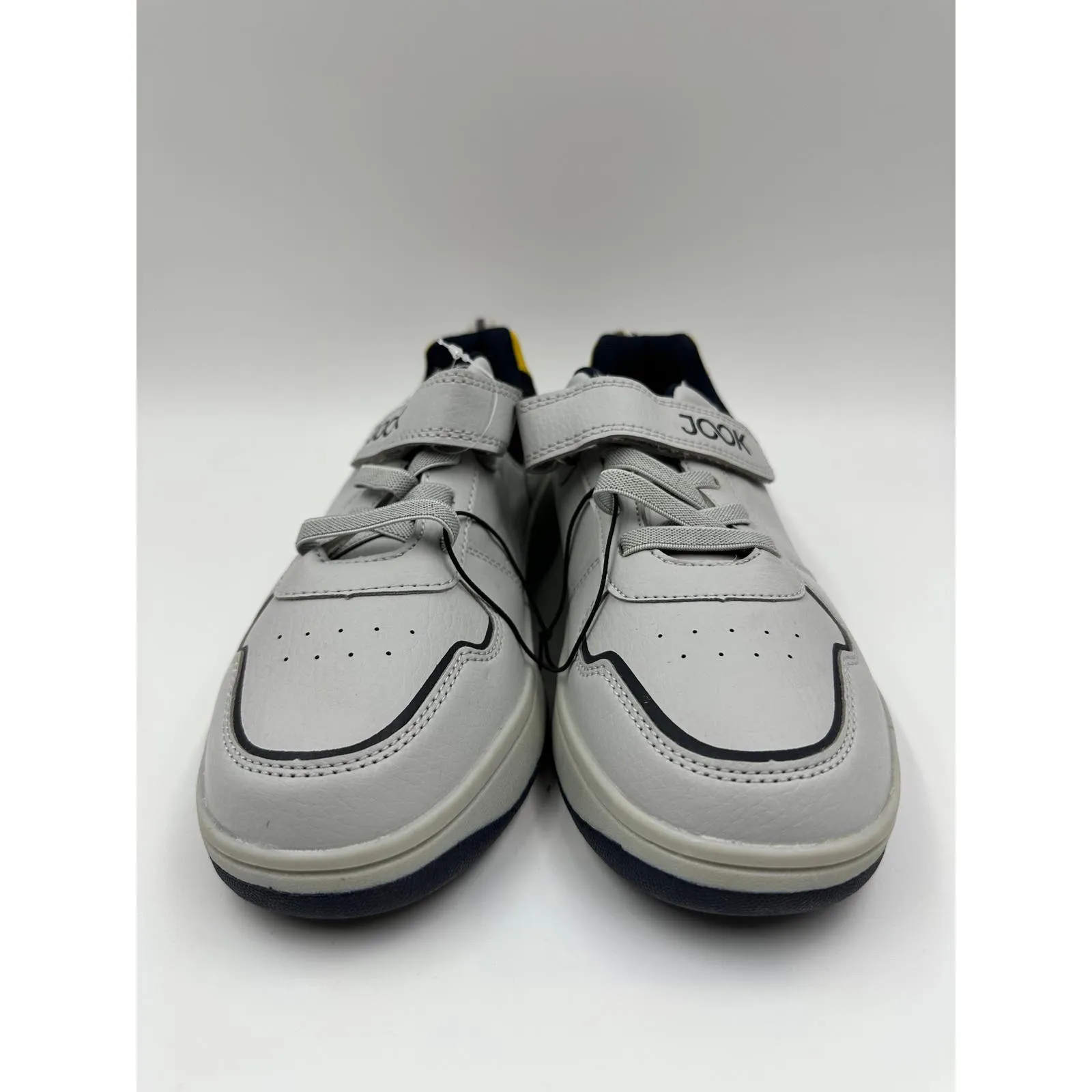 Big Kid Size 6, Gray Fashion Sneakers, w/ Strap, Gray Sole, Black & Yellow Trim