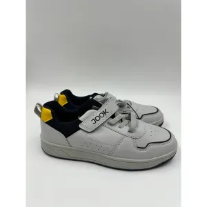 Big Kid Size 6, Gray Fashion Sneakers, w/ Strap, Gray Sole, Black & Yellow Trim