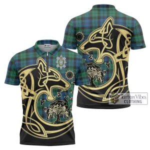 Black Watch Ancient Tartan Zipper Polo Shirt with Family Crest Celtic Wolf Style