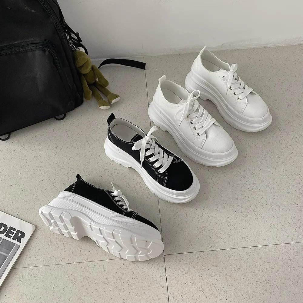 Black White Canvas Stitching Thick Platform Sneakers