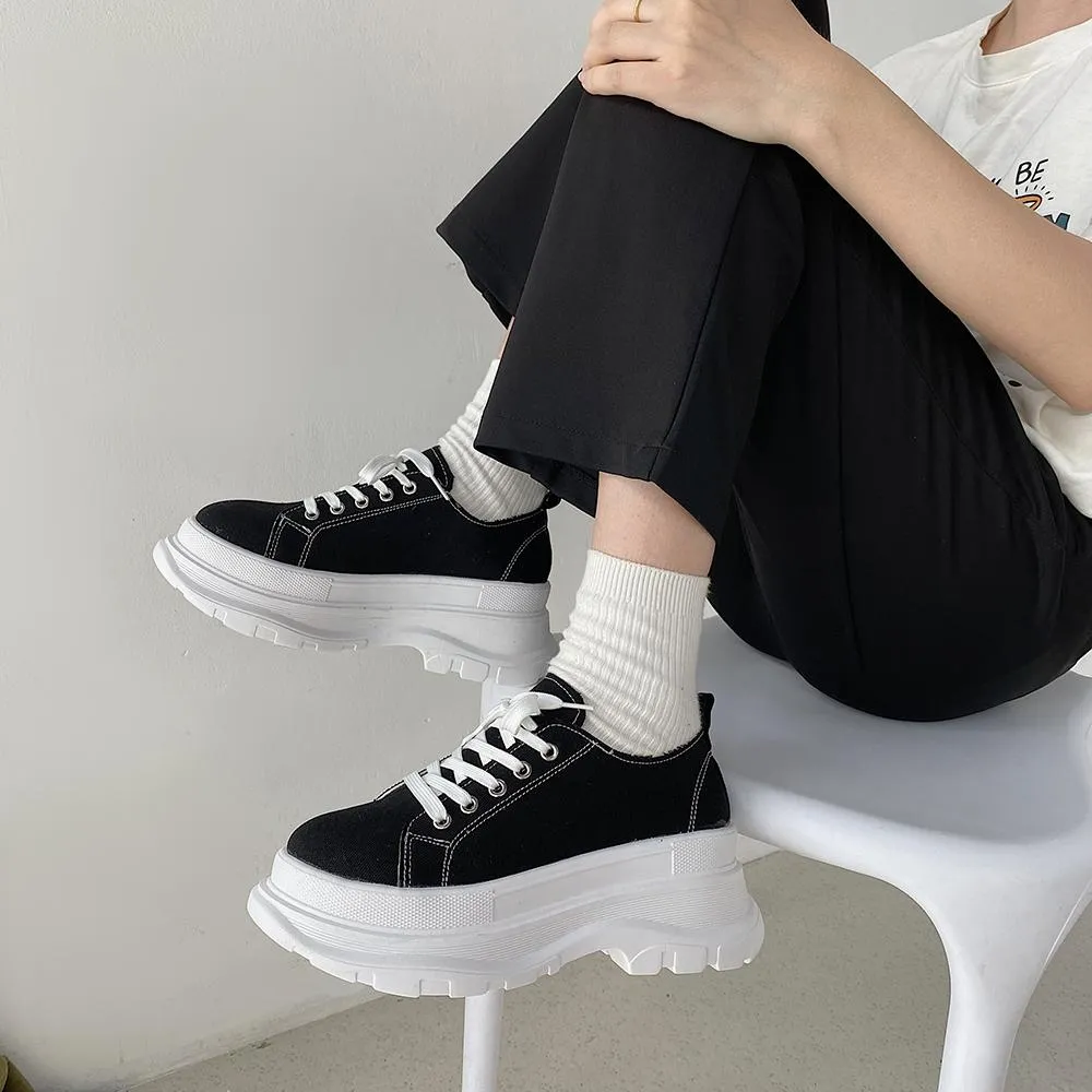 Black White Canvas Stitching Thick Platform Sneakers