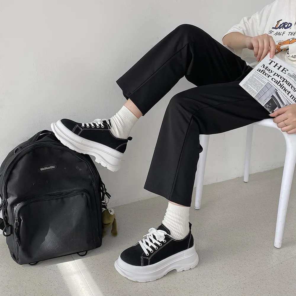 Black White Canvas Stitching Thick Platform Sneakers