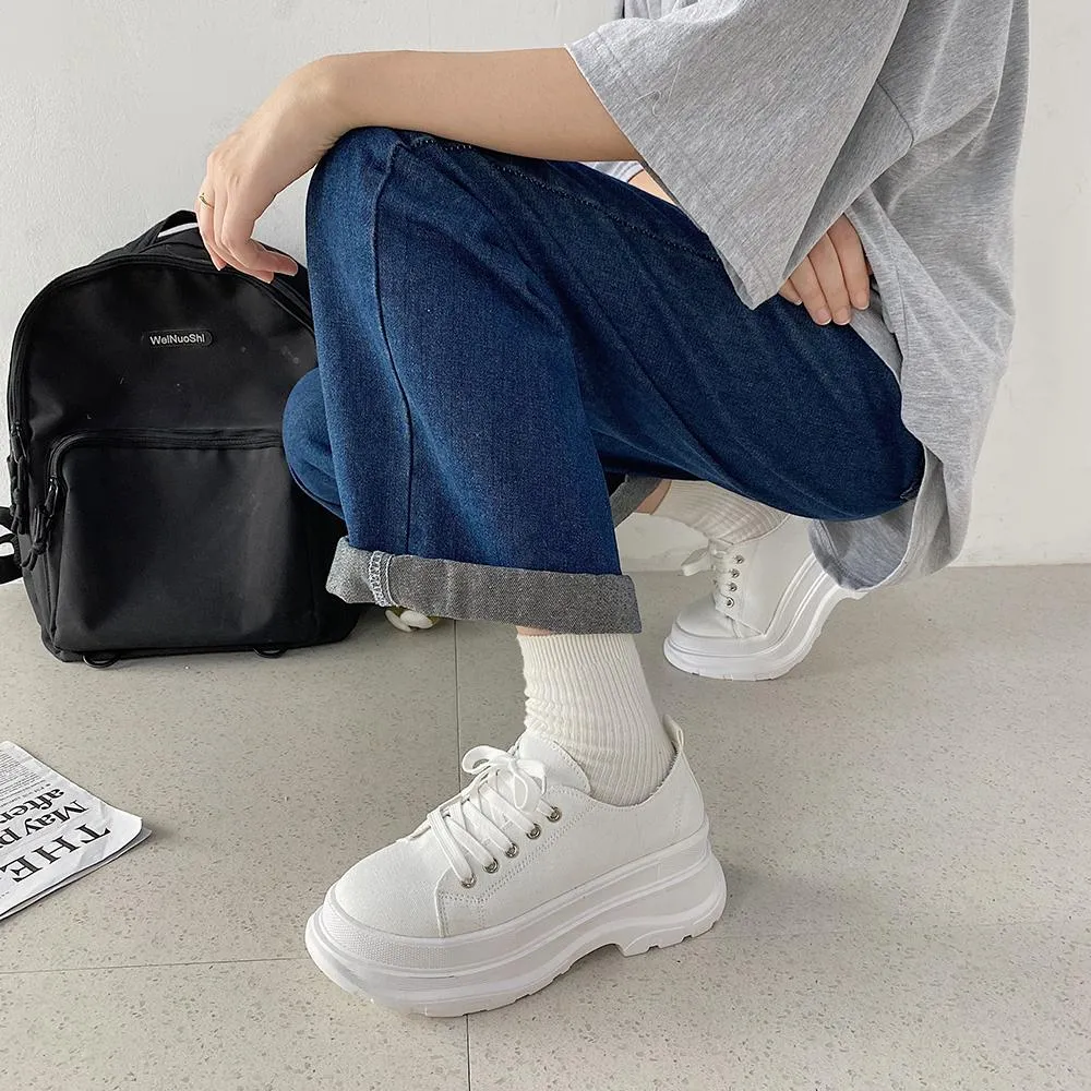 Black White Canvas Stitching Thick Platform Sneakers