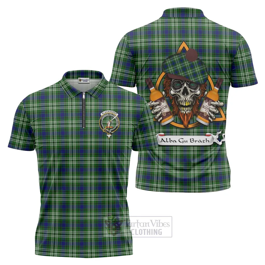 Blackadder Tartan Zipper Polo Shirt with Family Crest and Bearded Skull Holding Bottles of Whiskey