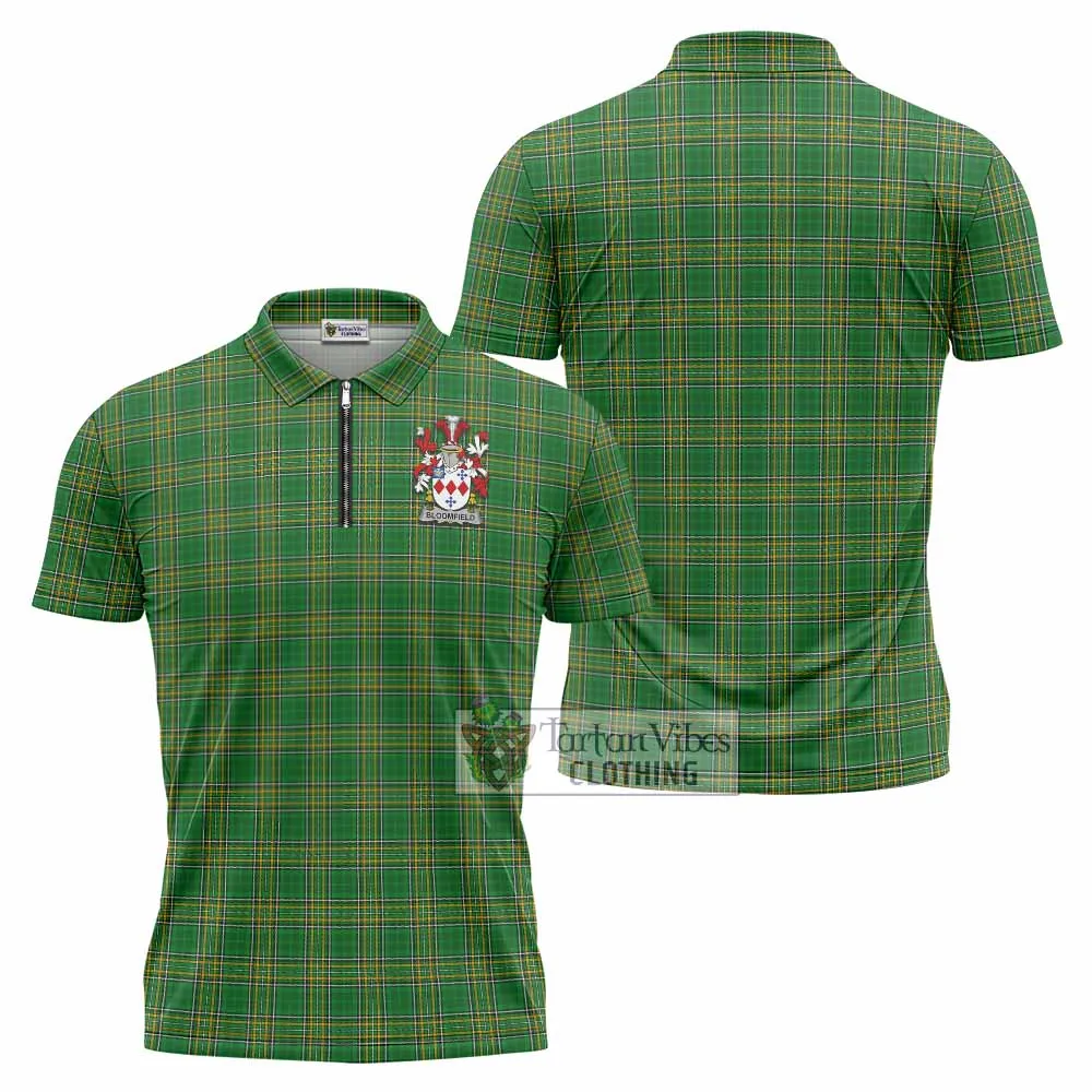 Bloomfield Irish Clan Tartan Zipper Polo Shirt with Coat of Arms