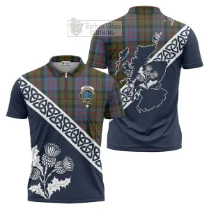 Bowie Tartan Zipper Polo Shirt Featuring Thistle and Scotland Map