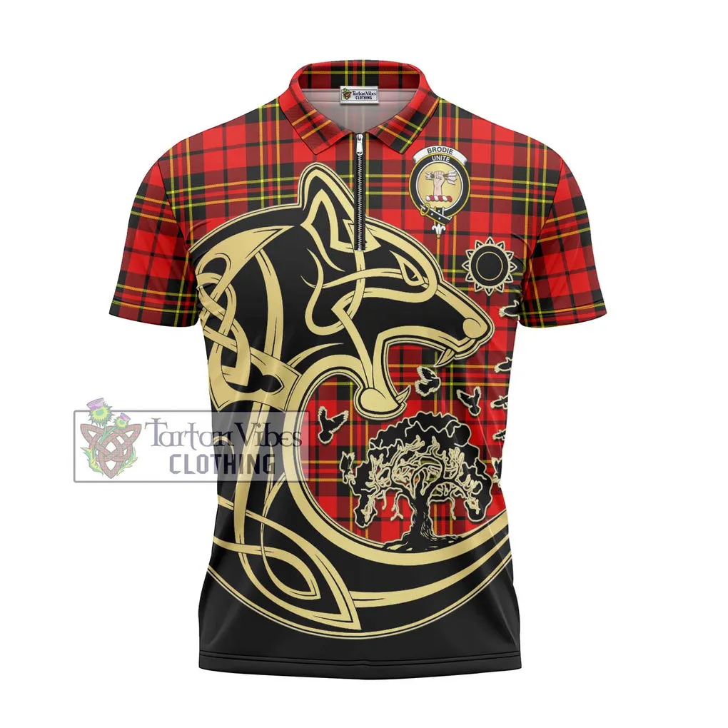 Brodie Modern Tartan Zipper Polo Shirt with Family Crest Celtic Wolf Style