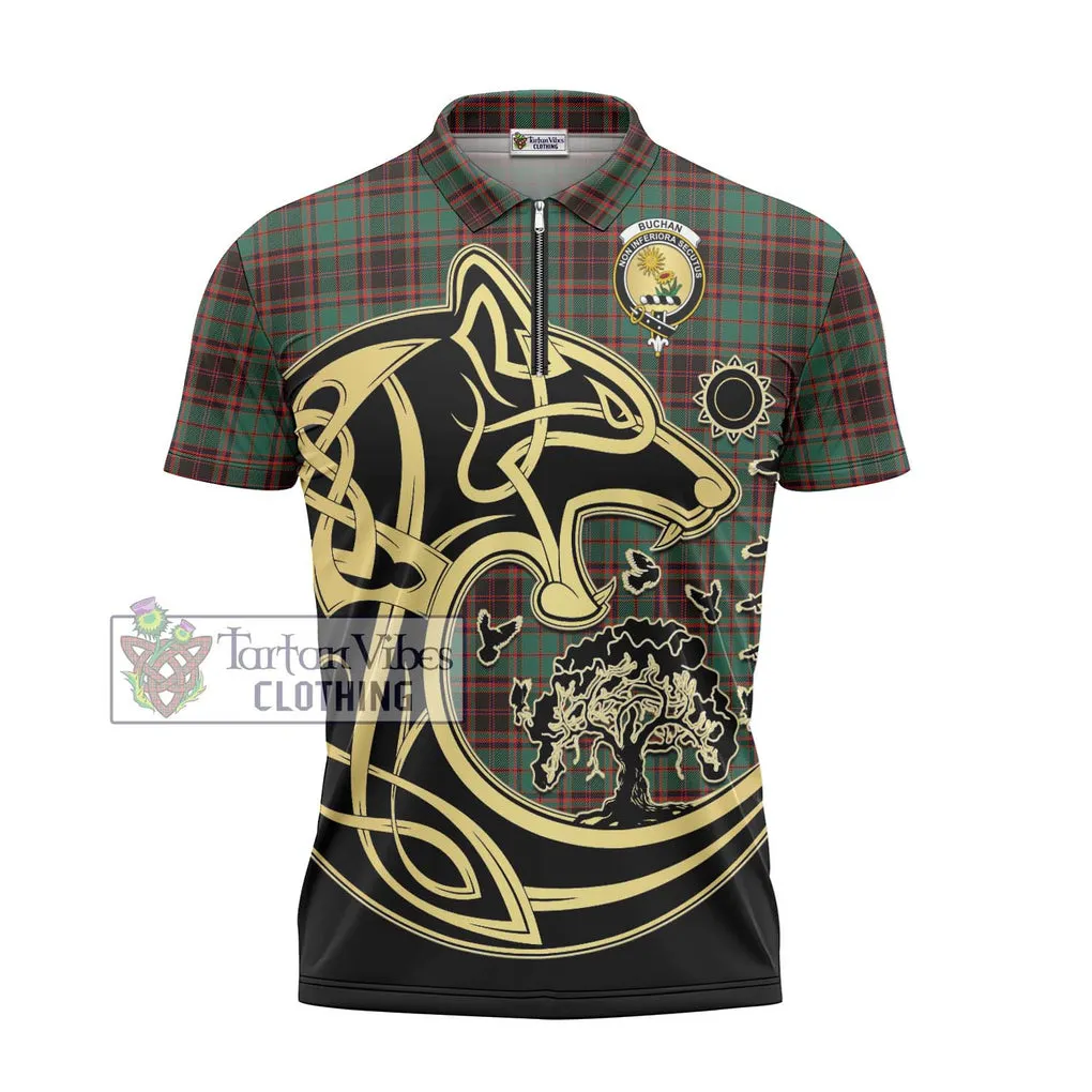 Buchan Ancient Tartan Zipper Polo Shirt with Family Crest Celtic Wolf Style