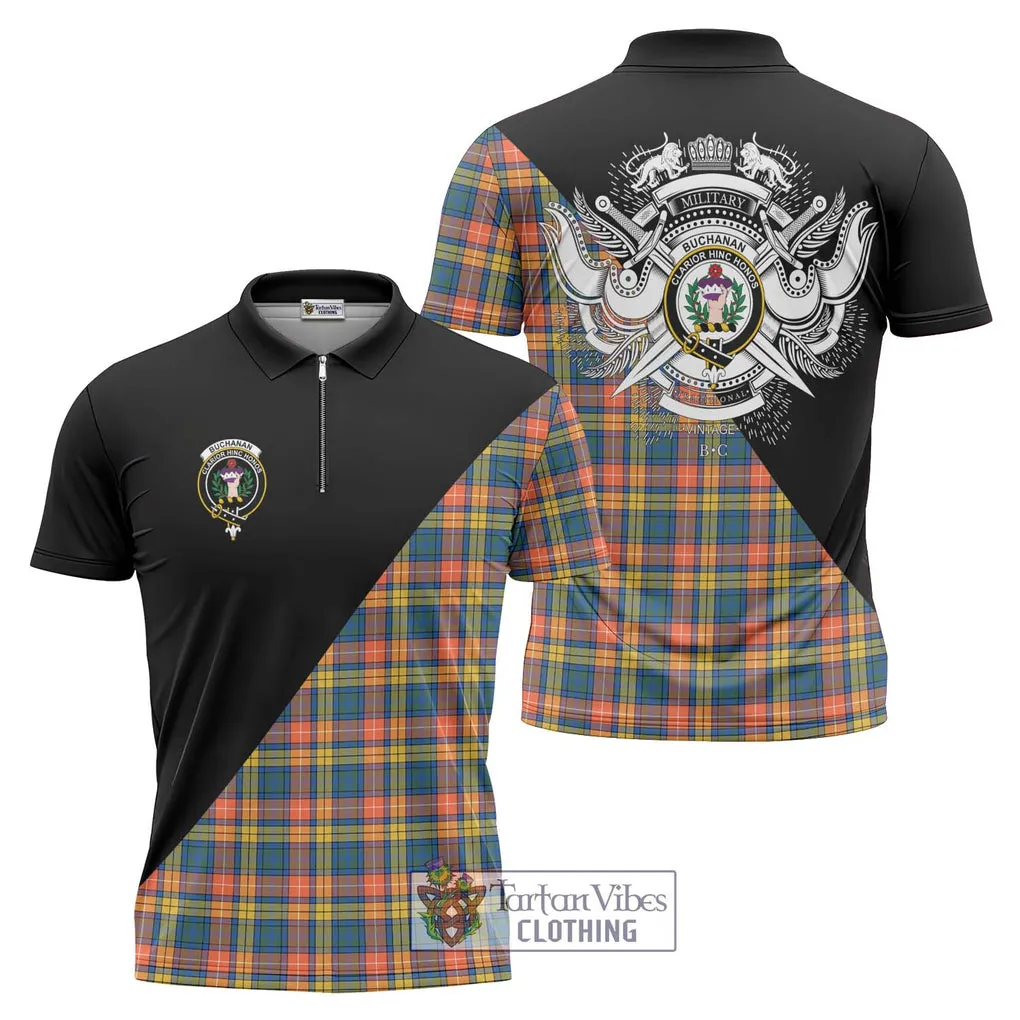 Buchanan Ancient Tartan Zipper Polo Shirt with Family Crest and Military Logo Style