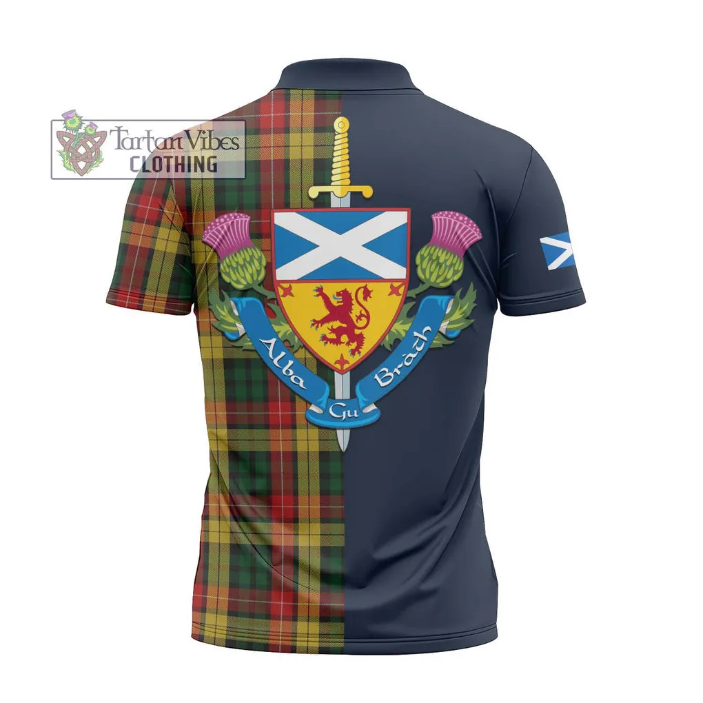 Buchanan Tartan Zipper Polo Shirt Alba with Scottish Lion Royal Arm Half Style