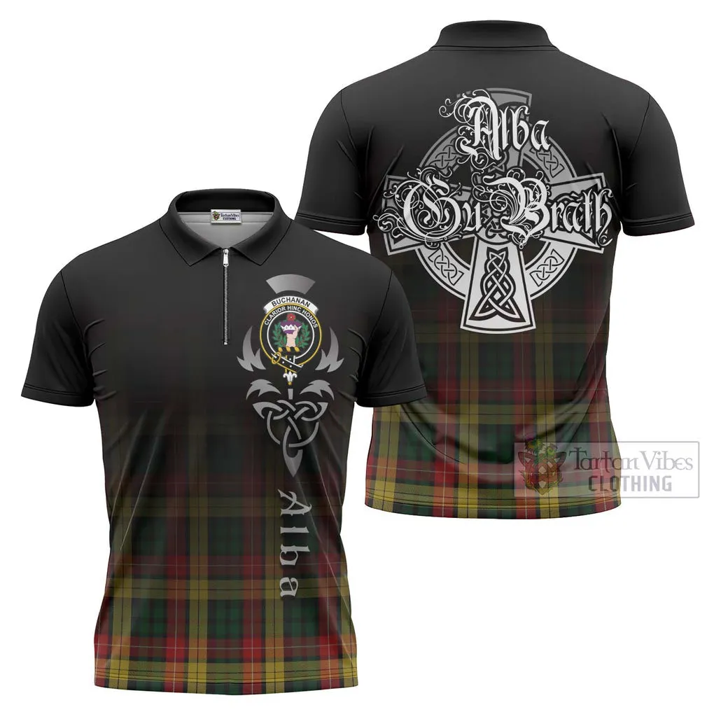 Buchanan Tartan Zipper Polo Shirt Featuring Alba Gu Brath Family Crest Celtic Inspired