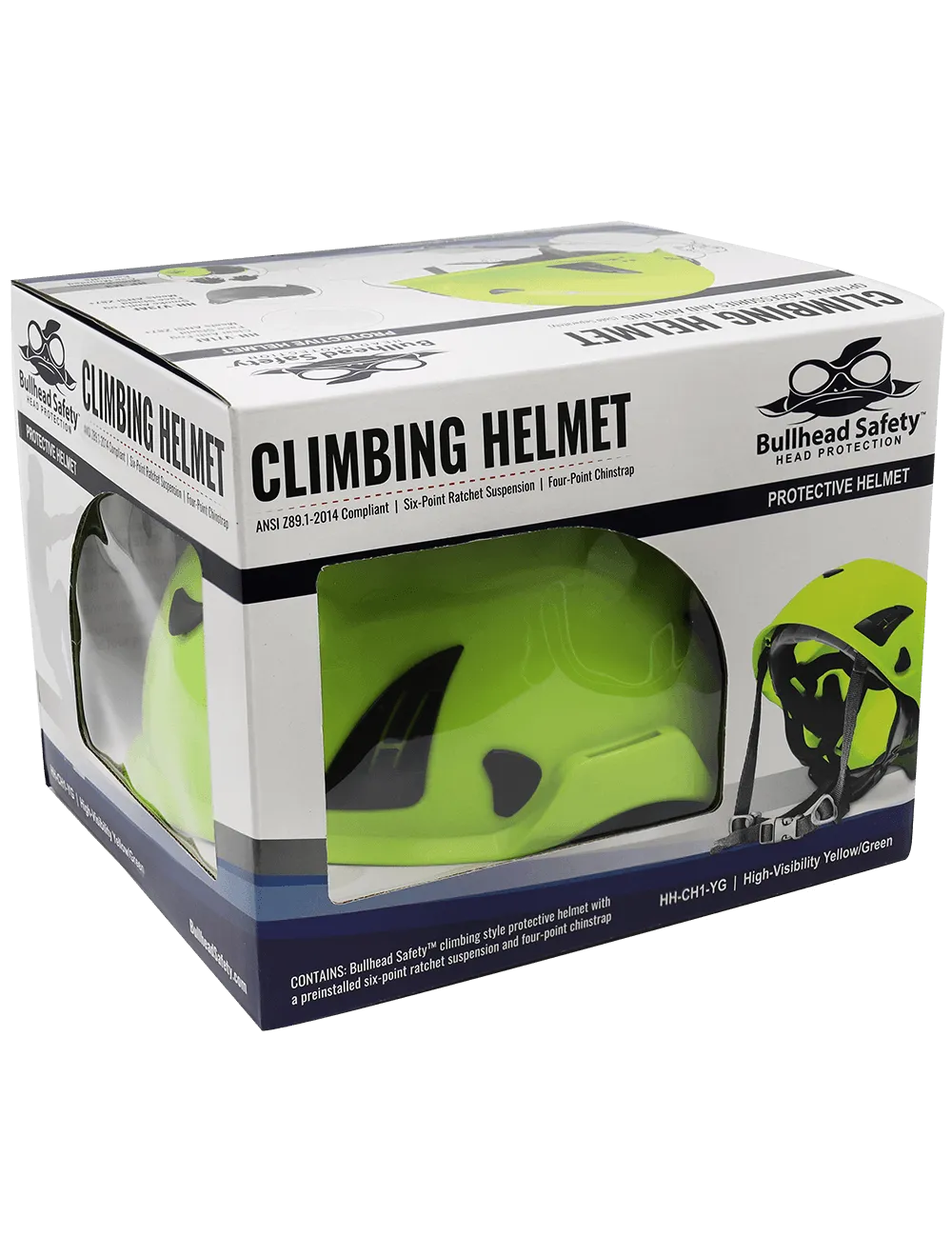 Bullhead Safety™ Head Protection - High-Visibility Yellow/Green Climbing Style Protective Helmet with Six-Point Ratchet Suspension and Four-Point Chin Strap - HH-CH1-YG