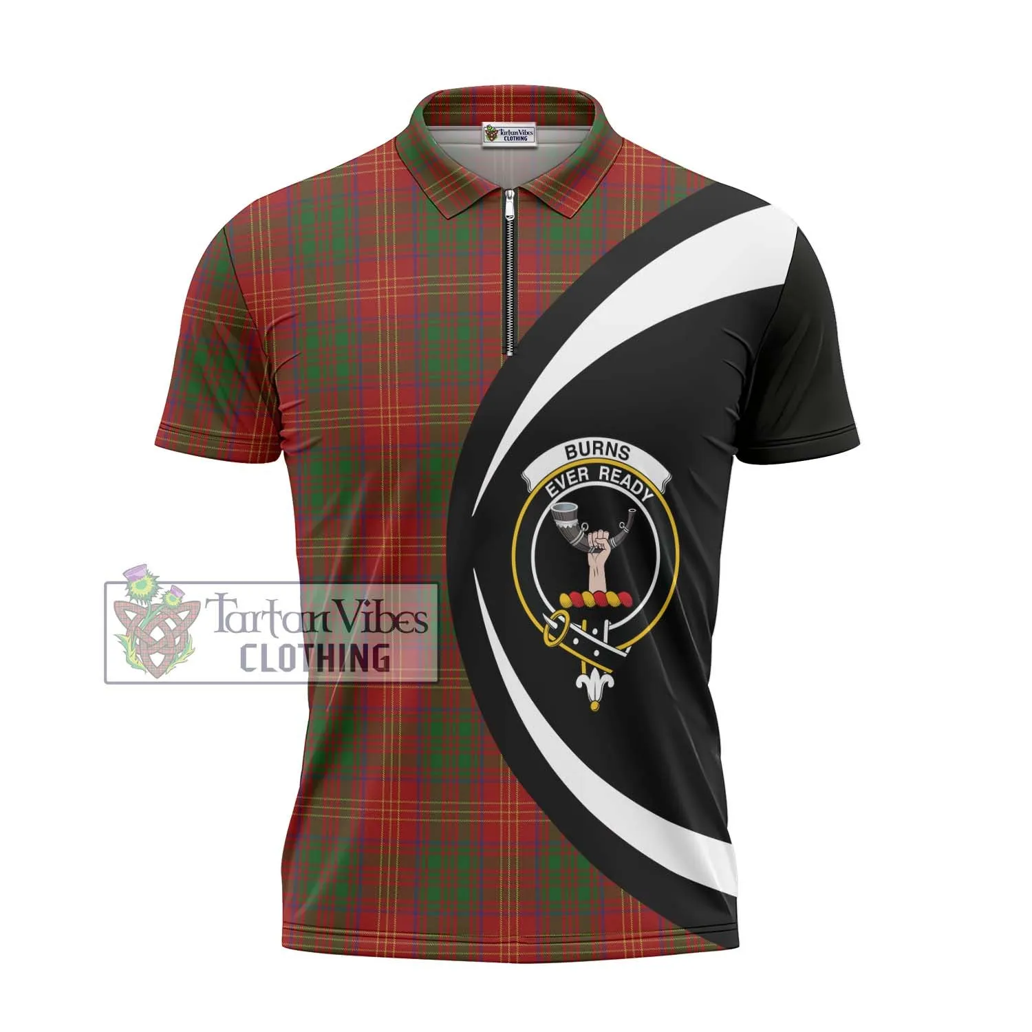 Burns Tartan Zipper Polo Shirt with Family Crest Circle Style