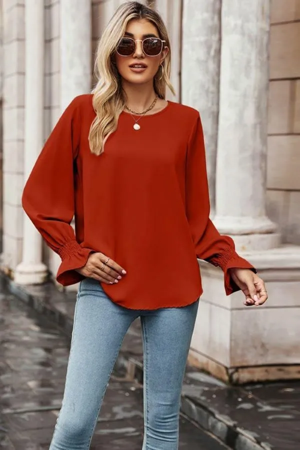 Crew Neck Ruffle Bubble Sleeve Top