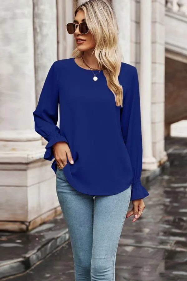 Crew Neck Ruffle Bubble Sleeve Top