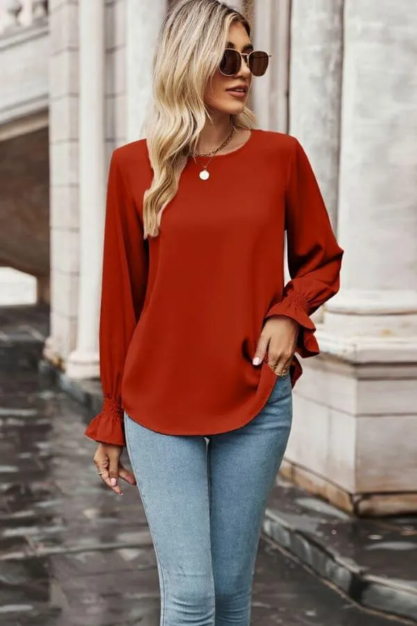 Crew Neck Ruffle Bubble Sleeve Top