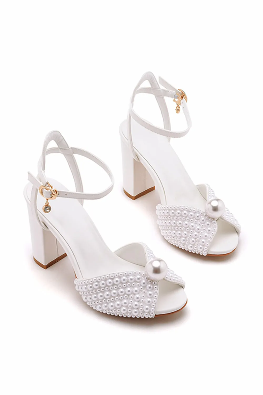 Elegant Faux Leather Block Heel Peep Toe Sandals Bridal Shoes with Pearl