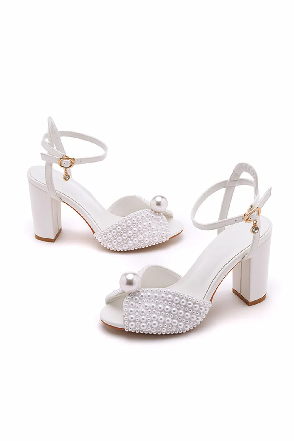 Elegant Faux Leather Block Heel Peep Toe Sandals Bridal Shoes with Pearl