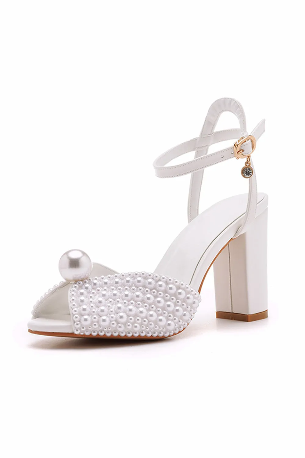 Elegant Faux Leather Block Heel Peep Toe Sandals Bridal Shoes with Pearl