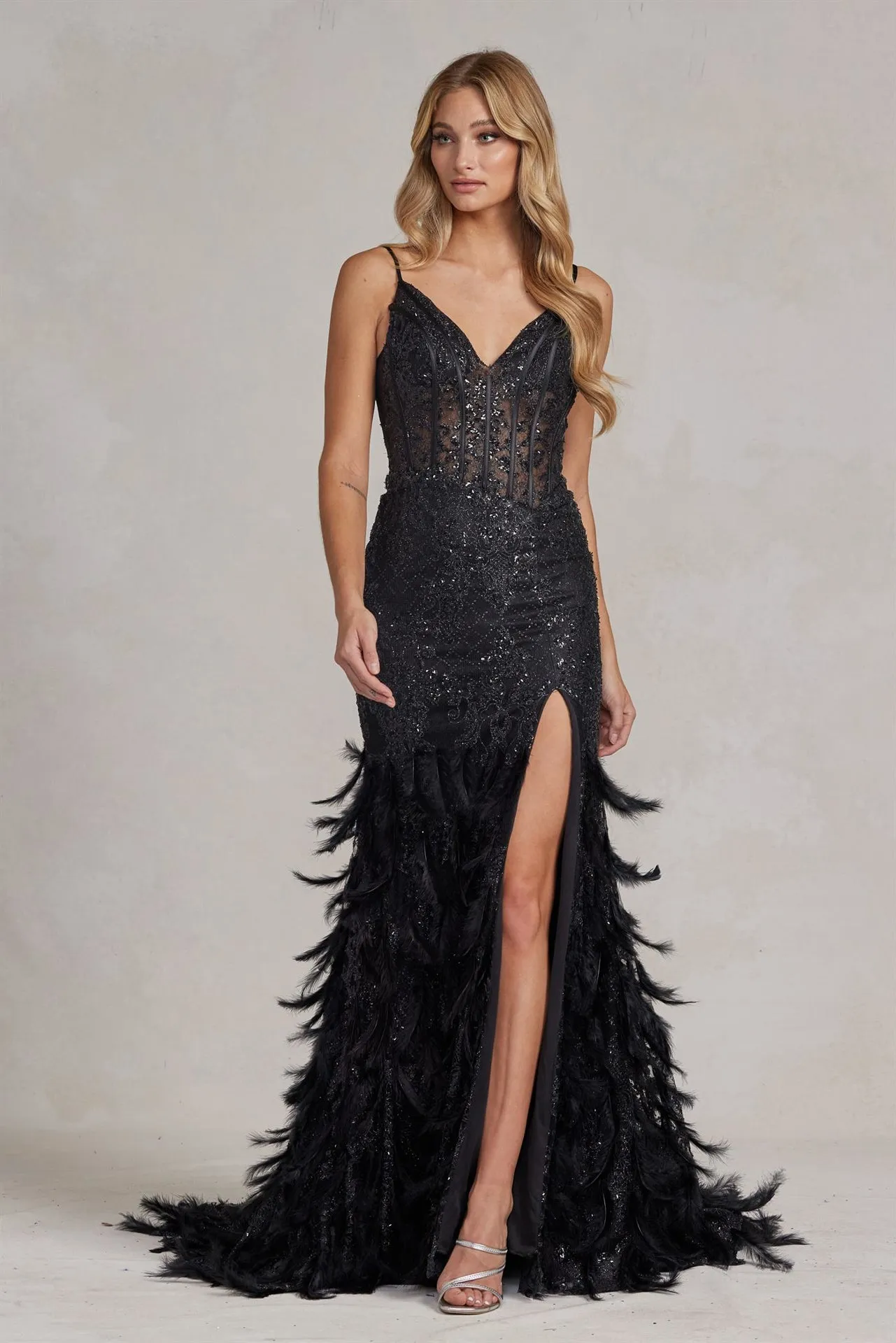 Embellished Feather Skirt V-Neck Open V-Back Side Slit Long Prom Dress NXC1119