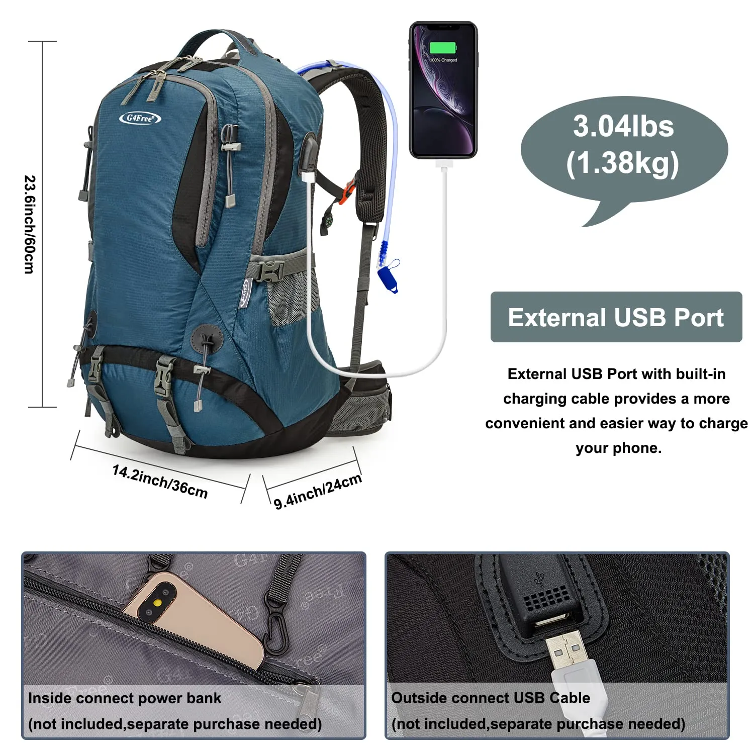 G4Free 50L Waterproof Daypack with 2L BPA Free Bladder & Rain Cover