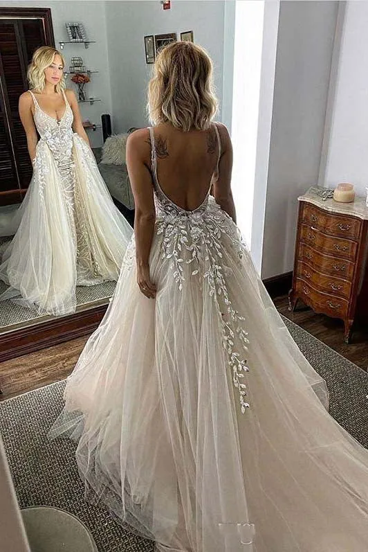 Gorgeous V Neck Sleeveless Wedding Gown, Unique Tulle Long Bridal Dresses UQW0109