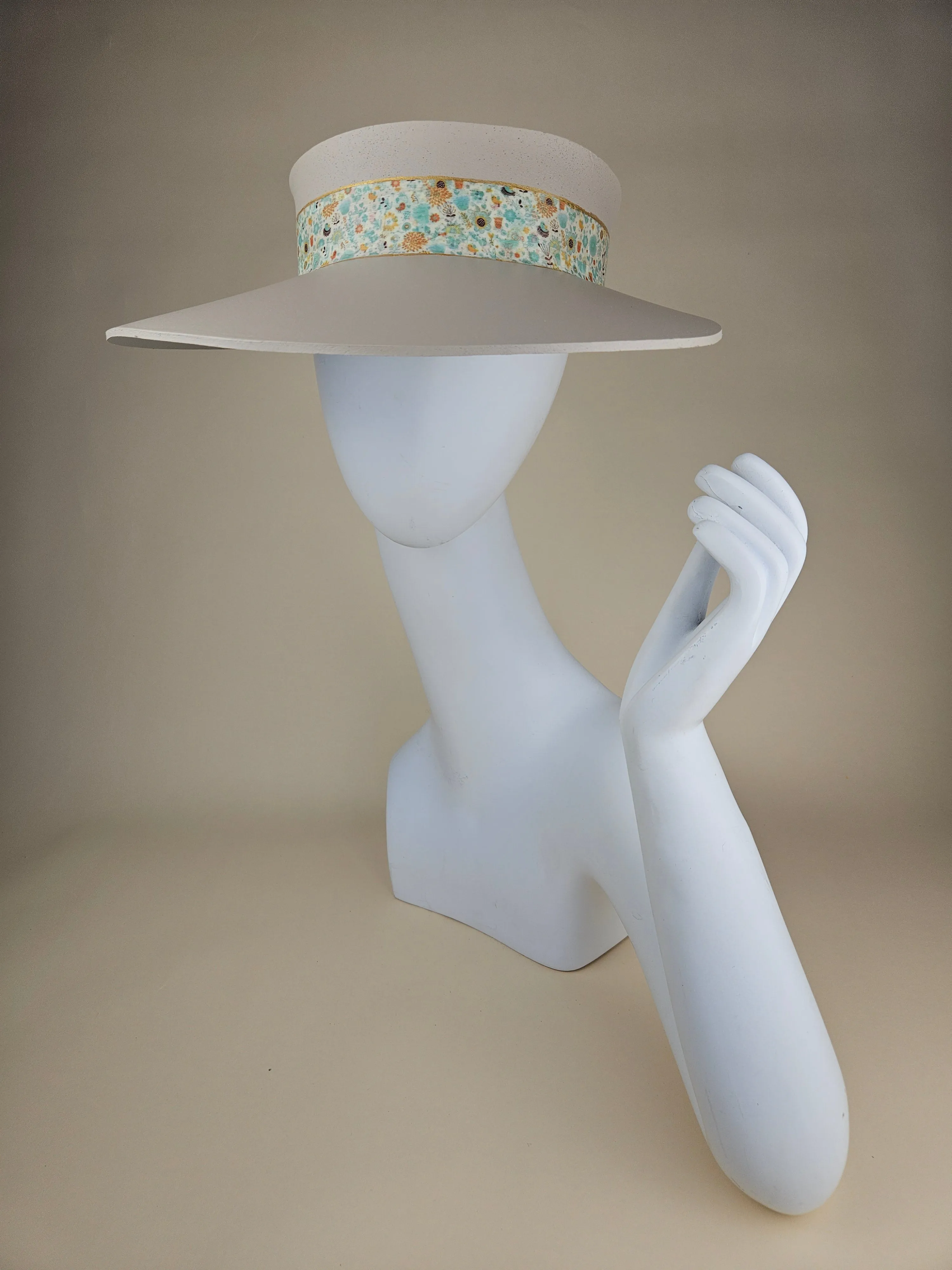 Gray Beige "LadyEVA" Visor Hat with Blue Green and Orange Floral Band