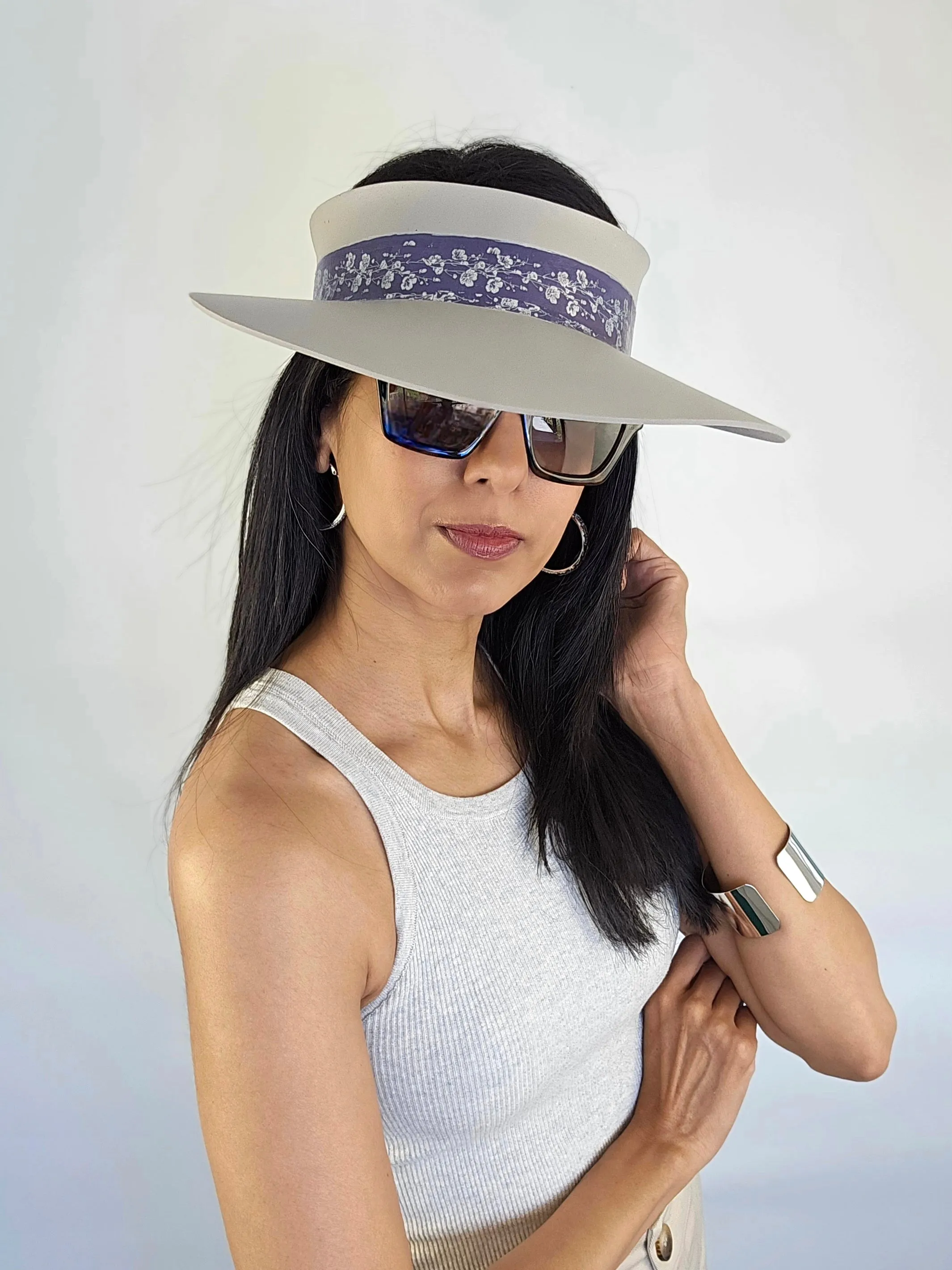 Gray Beige "LadyEVA" Visor Hat with Blue Purple Silver Floral Band