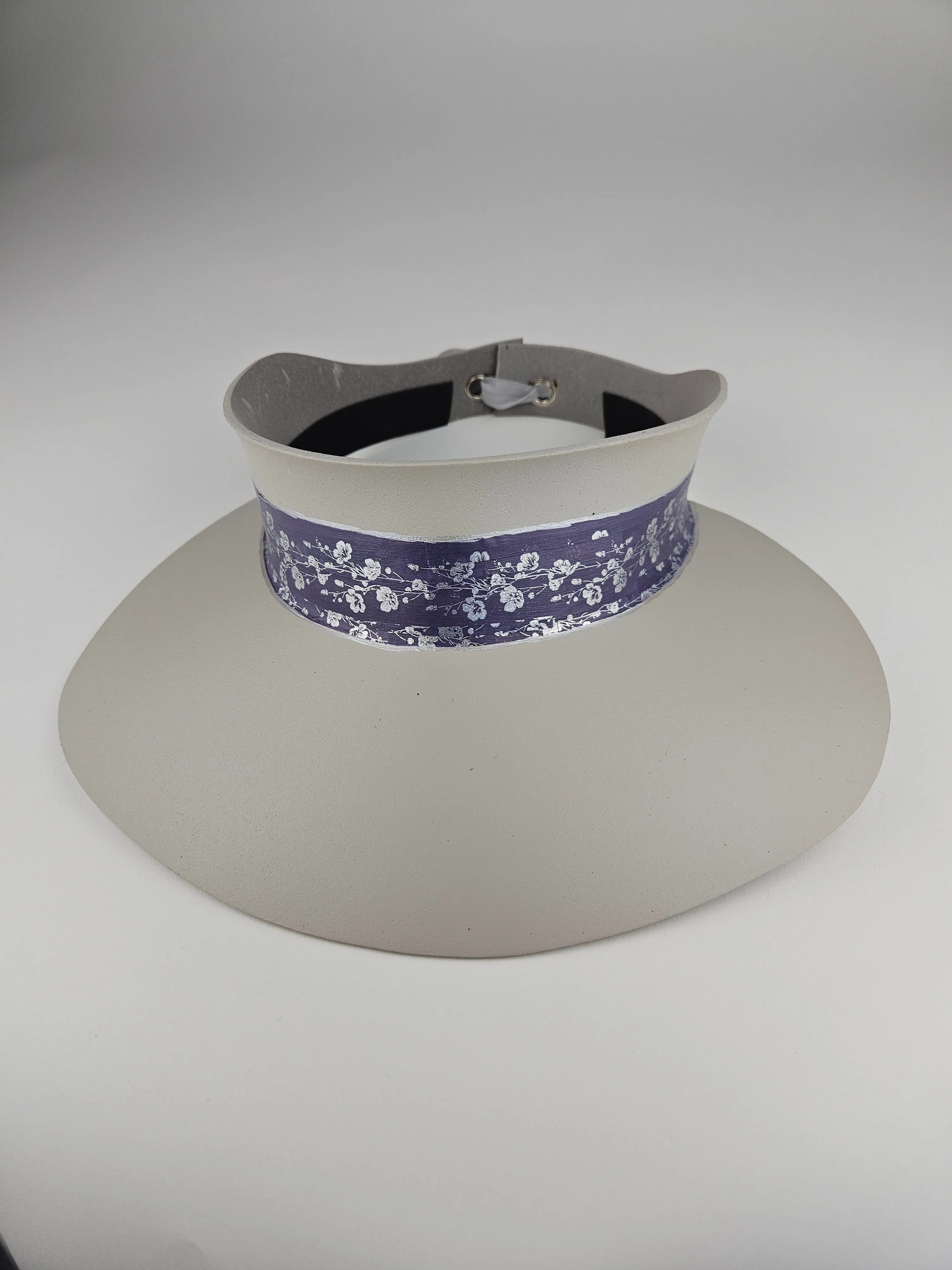 Gray Beige "LadyEVA" Visor Hat with Blue Purple Silver Floral Band