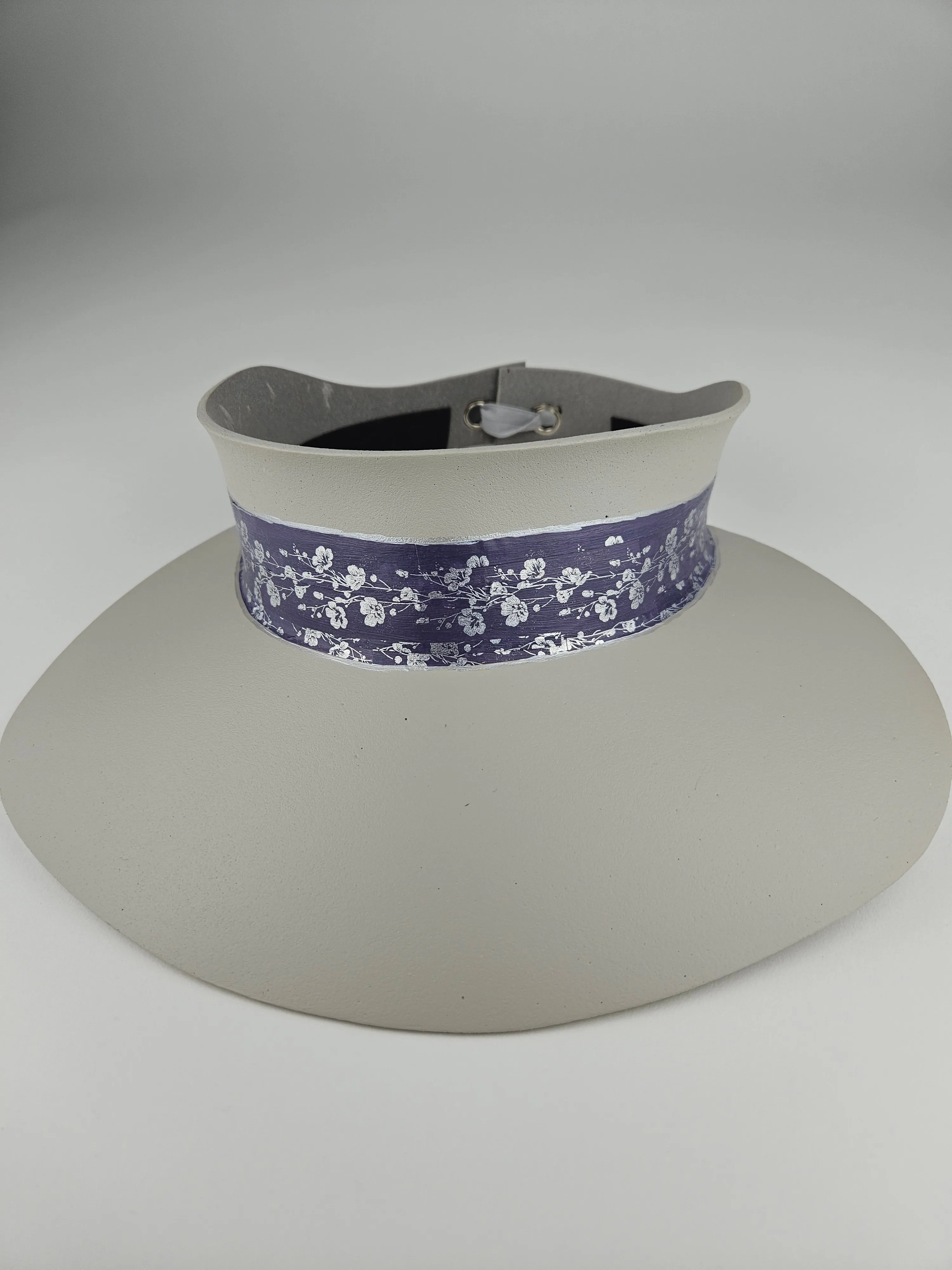 Gray Beige "LadyEVA" Visor Hat with Blue Purple Silver Floral Band