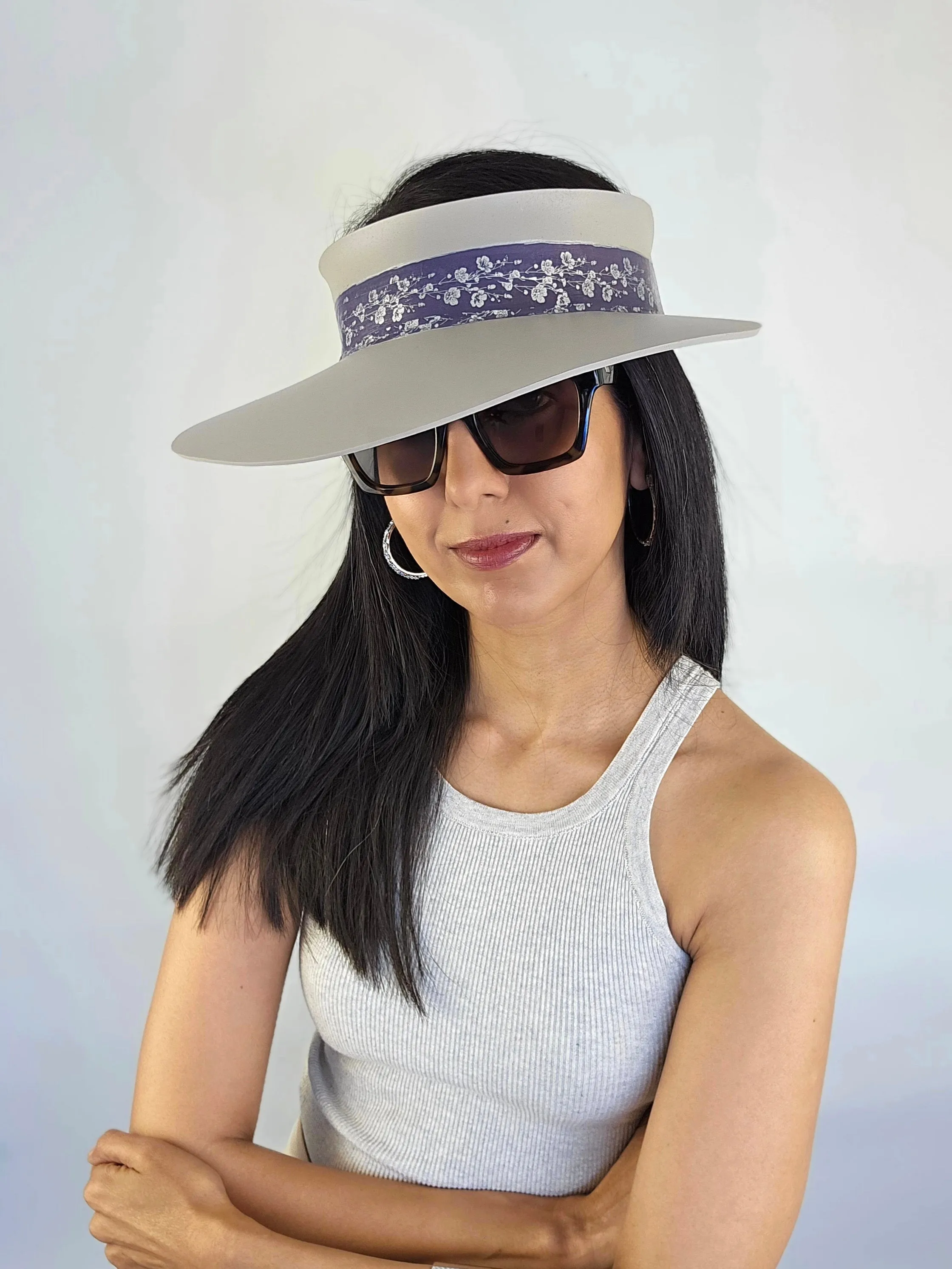 Gray Beige "LadyEVA" Visor Hat with Blue Purple Silver Floral Band