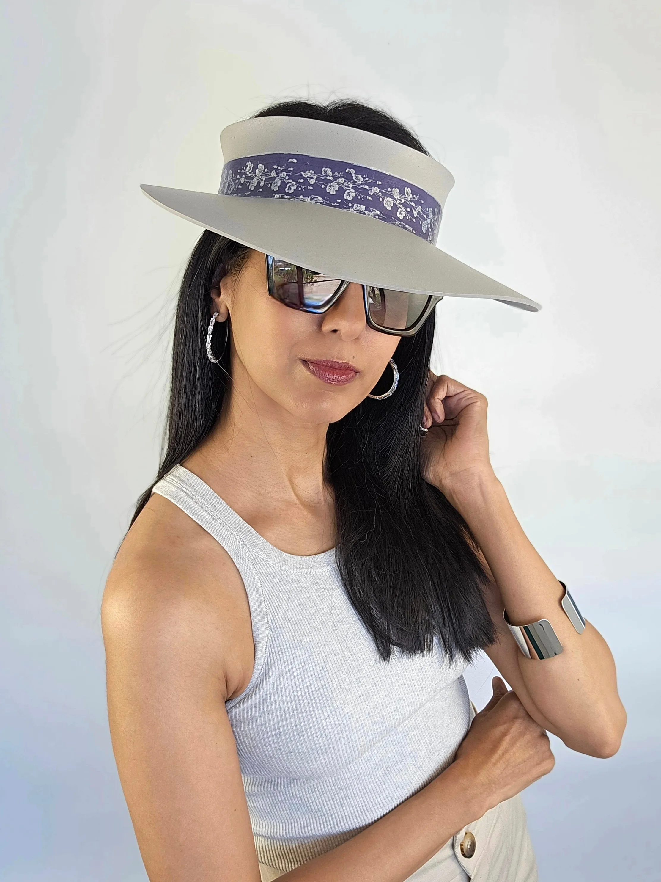 Gray Beige "LadyEVA" Visor Hat with Blue Purple Silver Floral Band