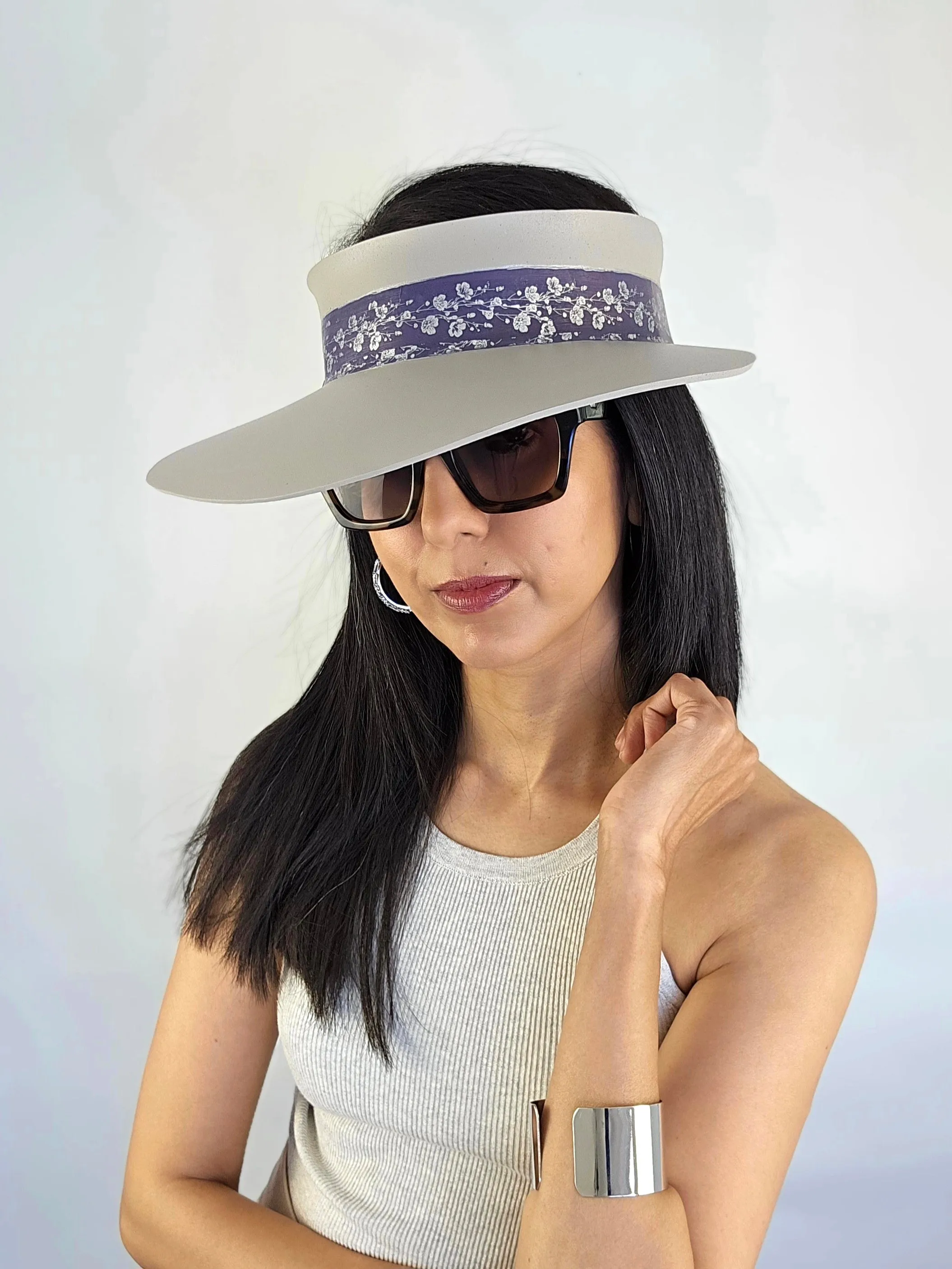 Gray Beige "LadyEVA" Visor Hat with Blue Purple Silver Floral Band