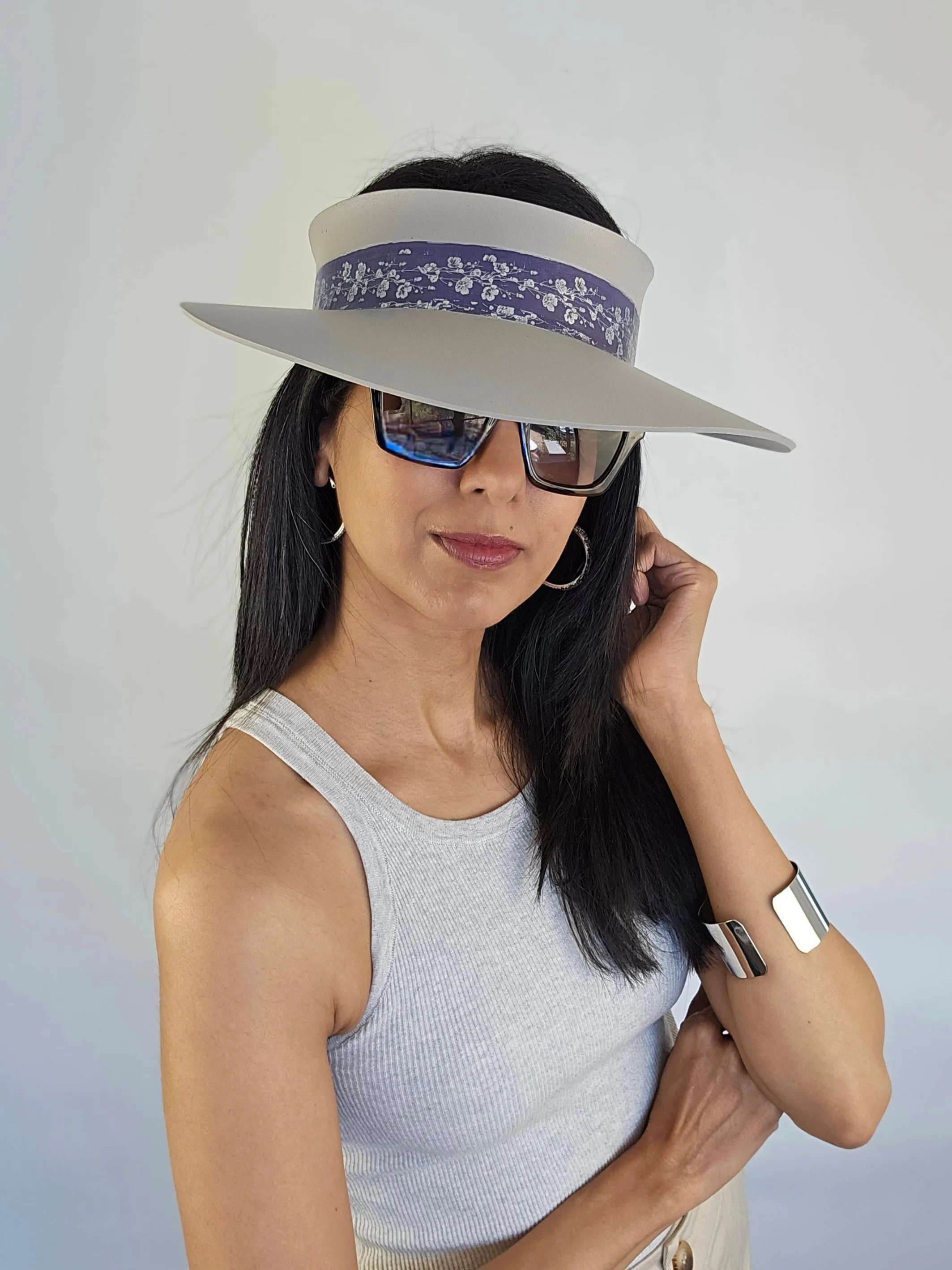 Gray Beige "LadyEVA" Visor Hat with Blue Purple Silver Floral Band