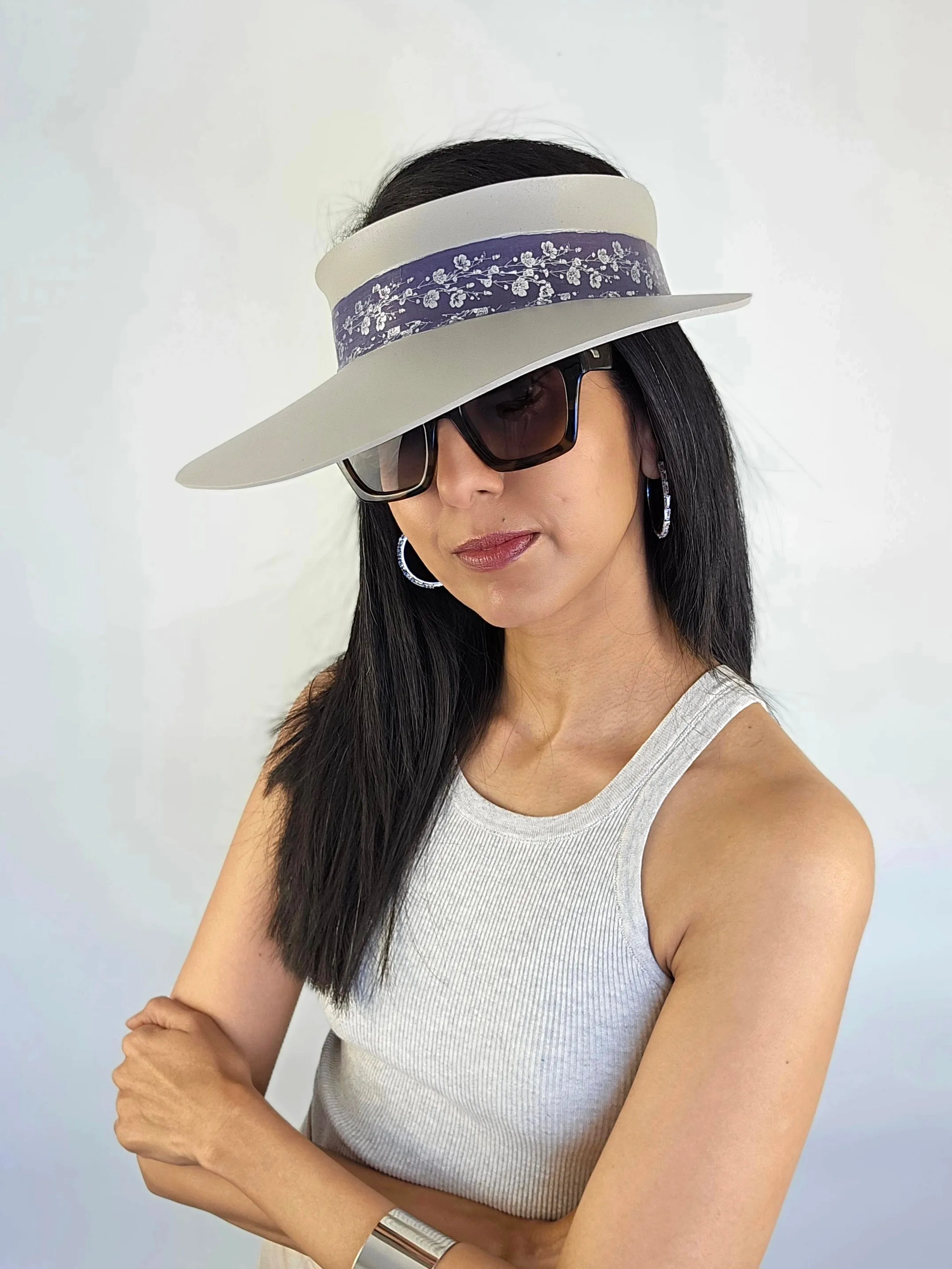 Gray Beige "LadyEVA" Visor Hat with Blue Purple Silver Floral Band