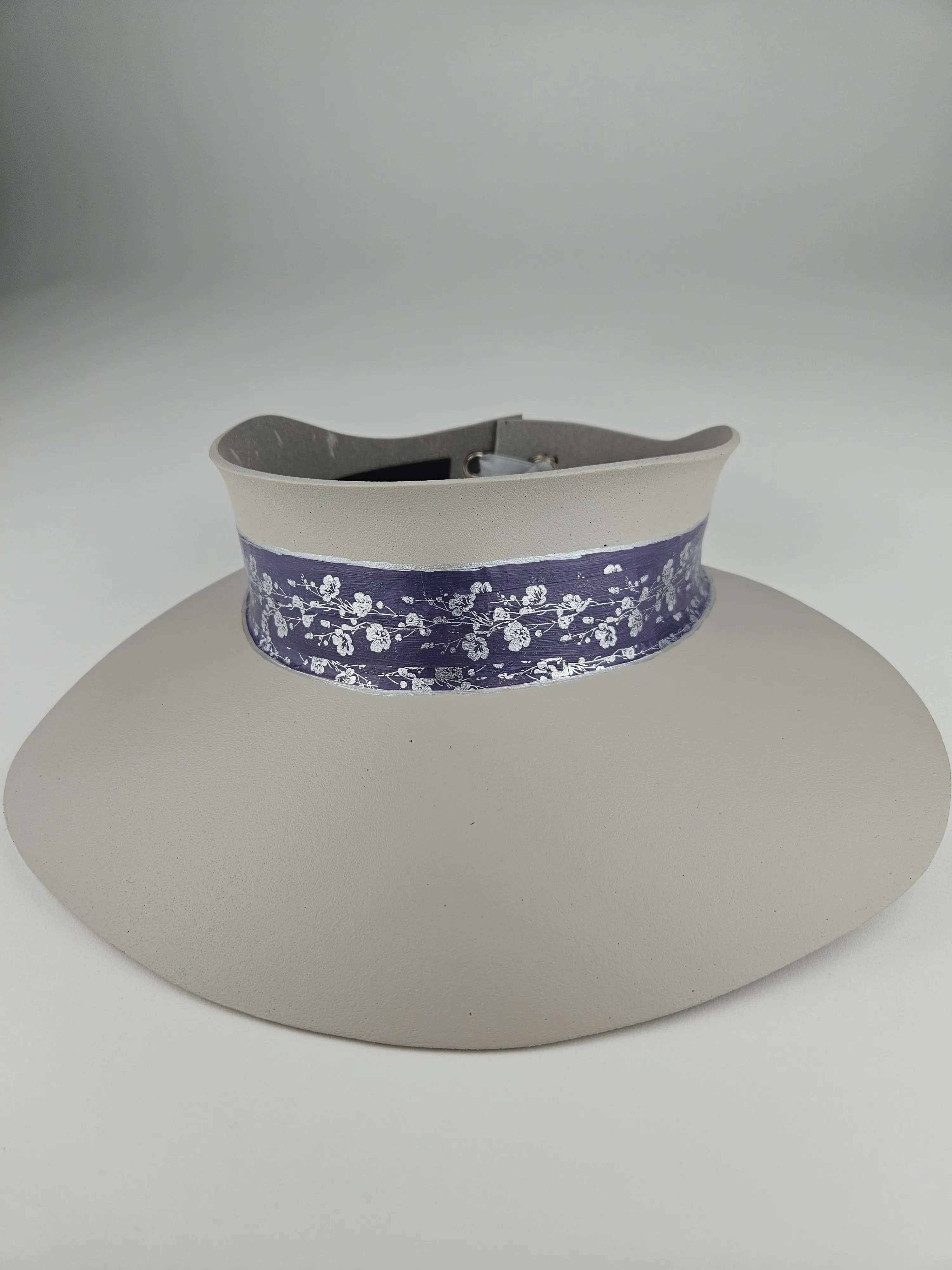 Gray Beige "LadyEVA" Visor Hat with Blue Purple Silver Floral Band