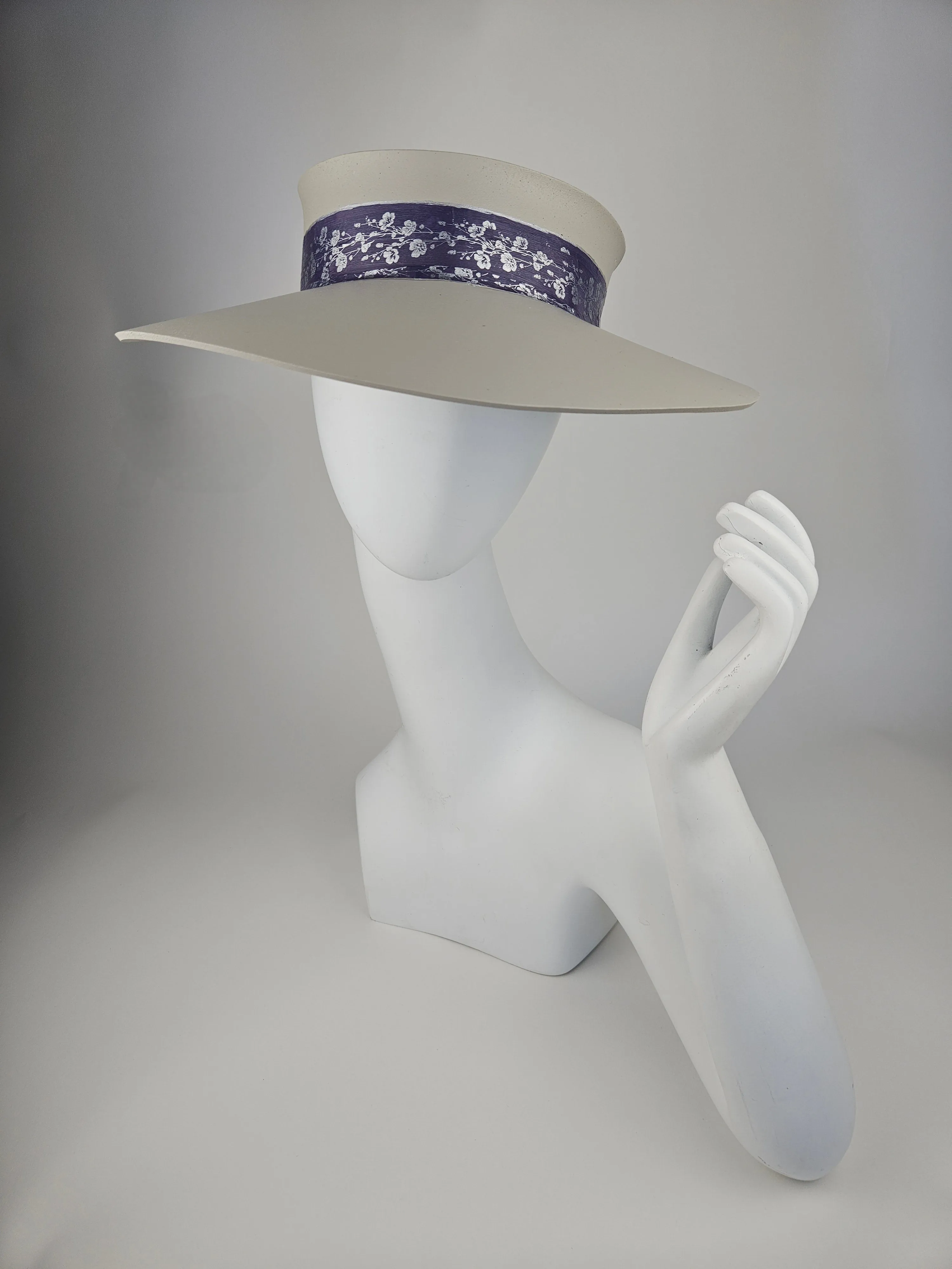 Gray Beige "LadyEVA" Visor Hat with Blue Purple Silver Floral Band