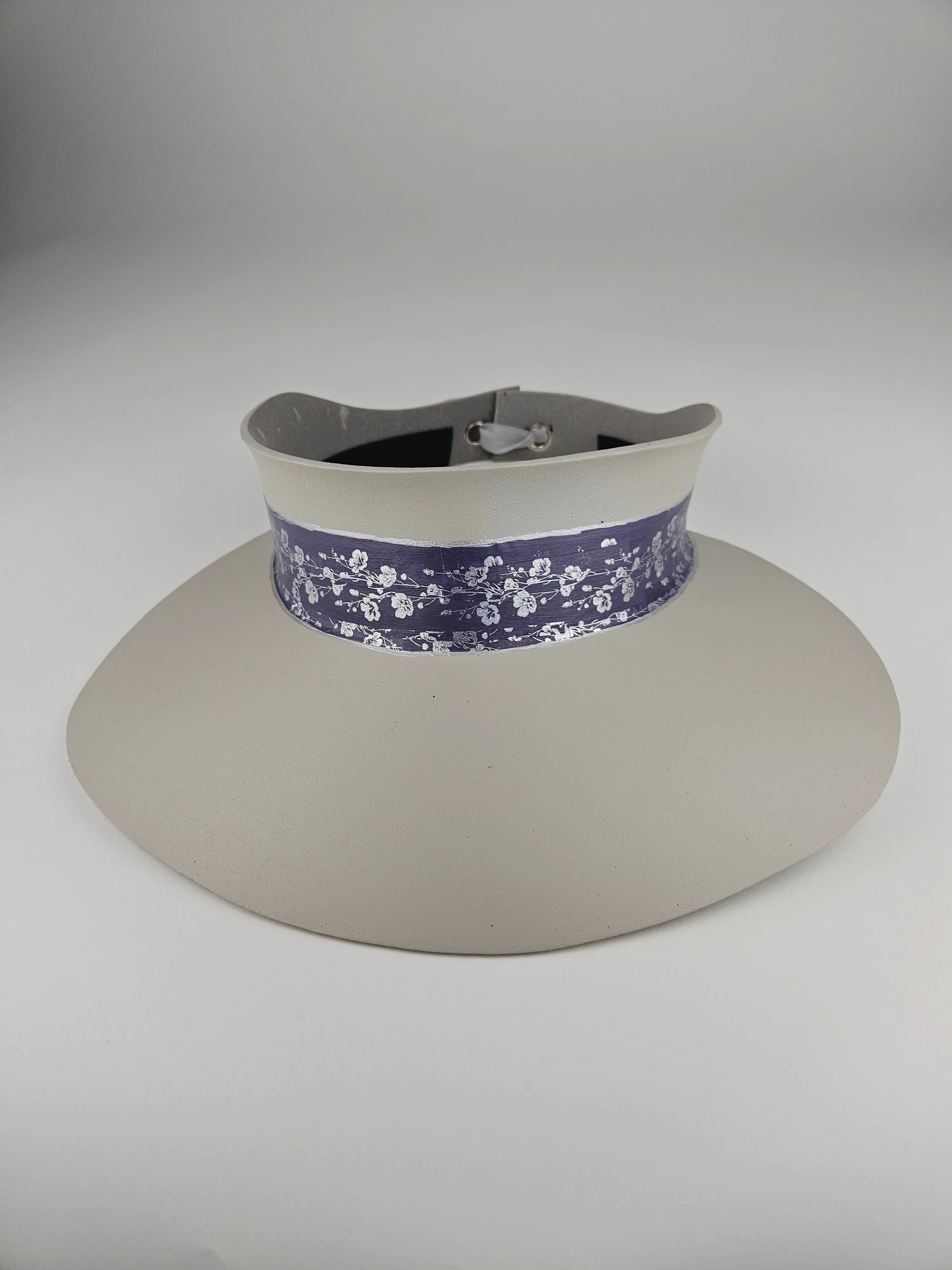 Gray Beige "LadyEVA" Visor Hat with Blue Purple Silver Floral Band