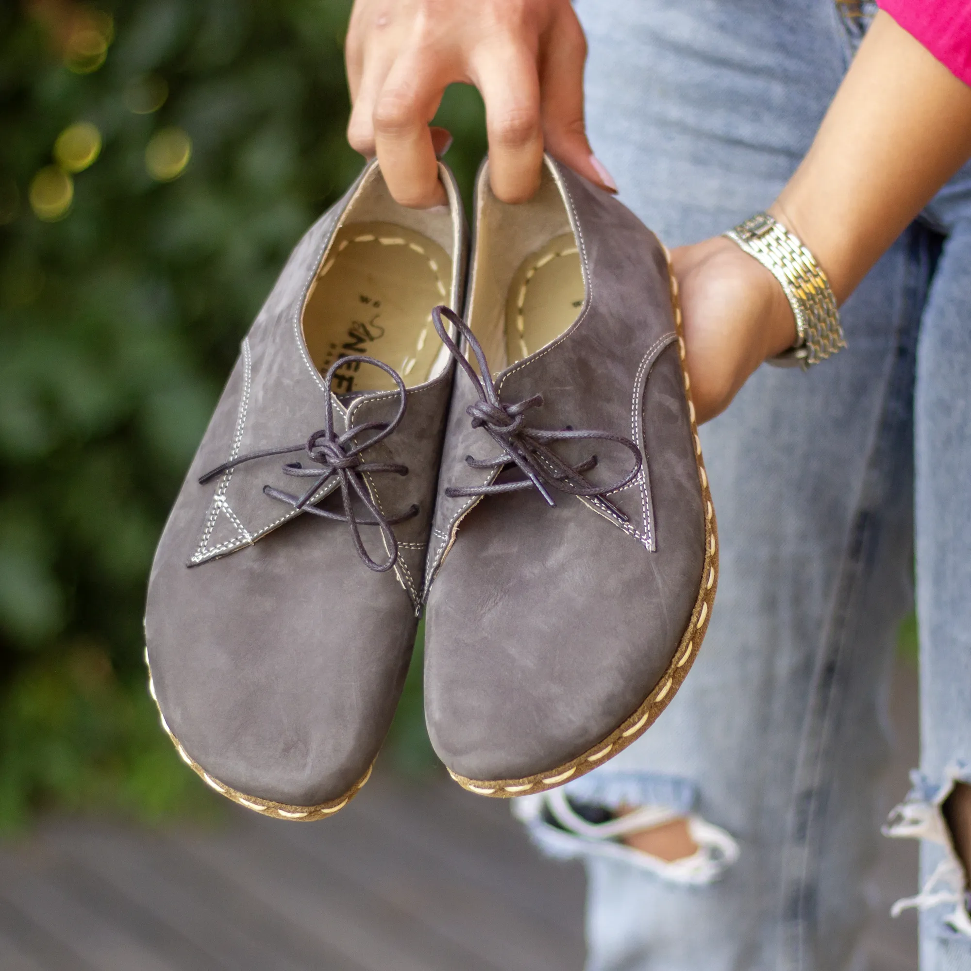 Handmade Barefoot Leather Shoes Gray Nubuck for Women