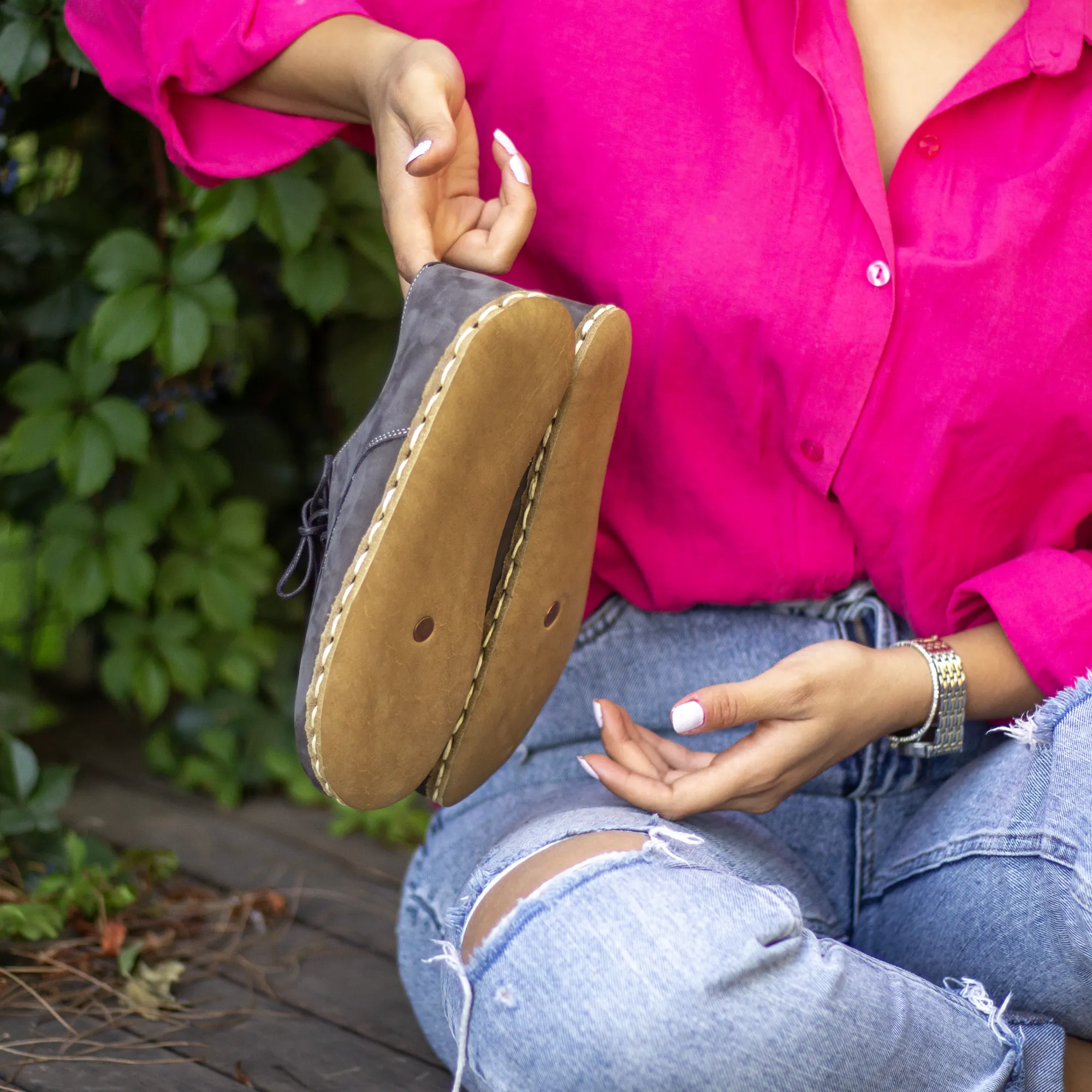 Handmade Barefoot Leather Shoes Gray Nubuck for Women