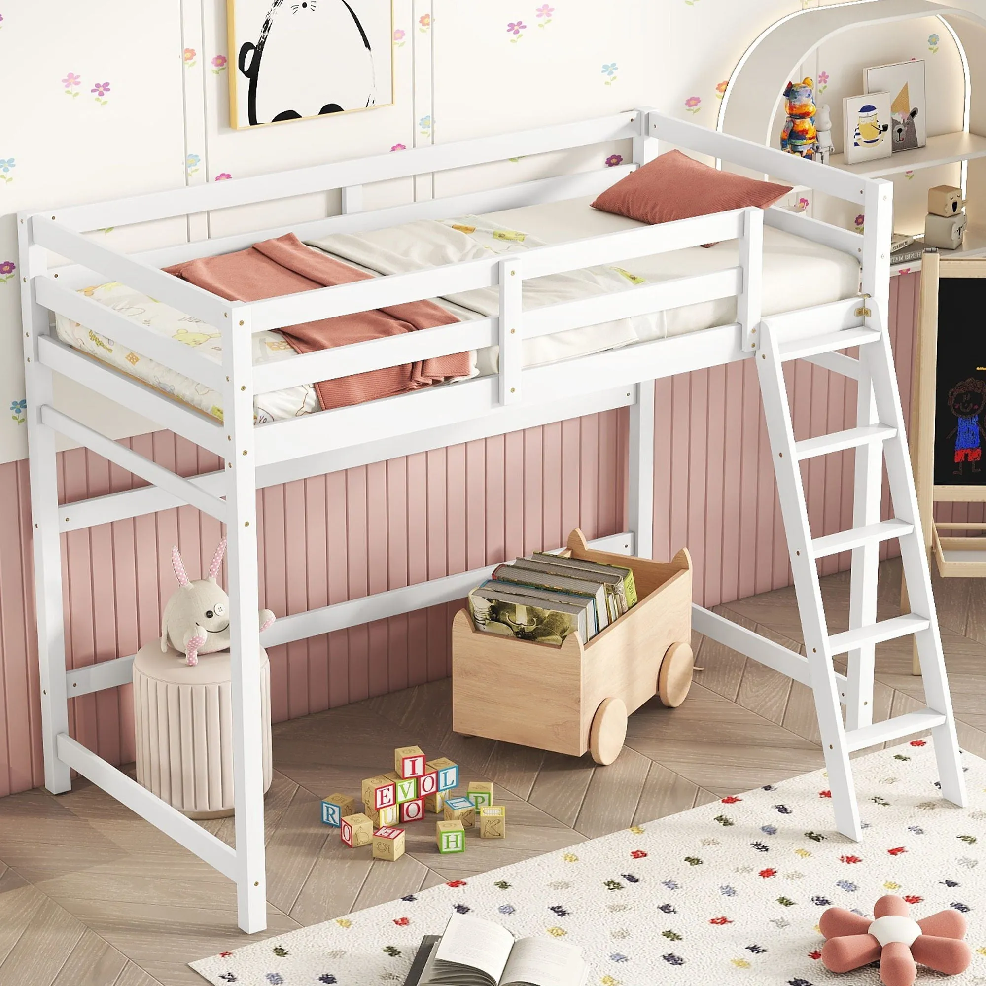 High Loft Bed With Inclined Ladder, Guardrails