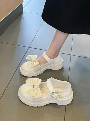 Hnzxzm Lolita Style Mary Jane Shoes Mid Heel Kawaii Cute Women's New Summer Bow White Platform Japanese Jk Uniform Shoes