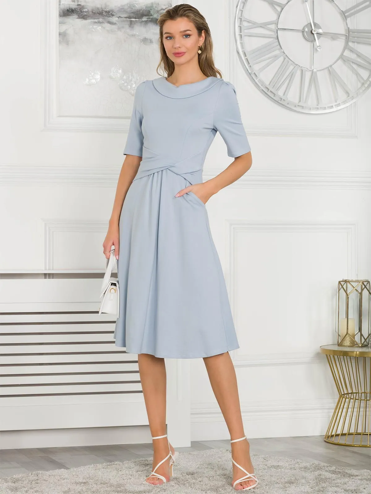 Jolie Moi Fold Over Fit and Flare Midi Dress, Dusky Blue