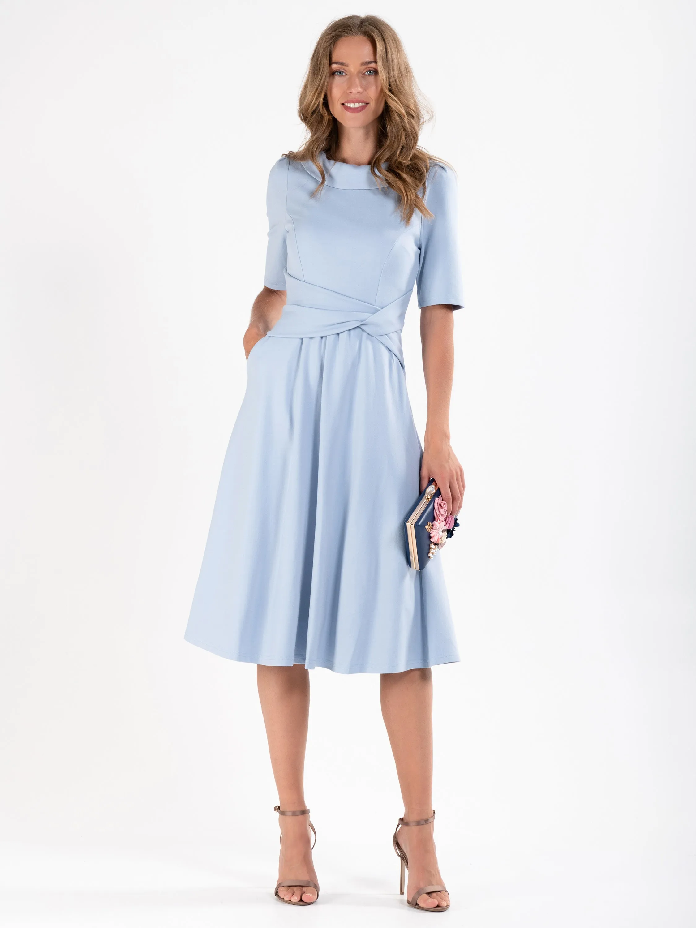 Jolie Moi Fold Over Fit and Flare Midi Dress, Dusky Blue