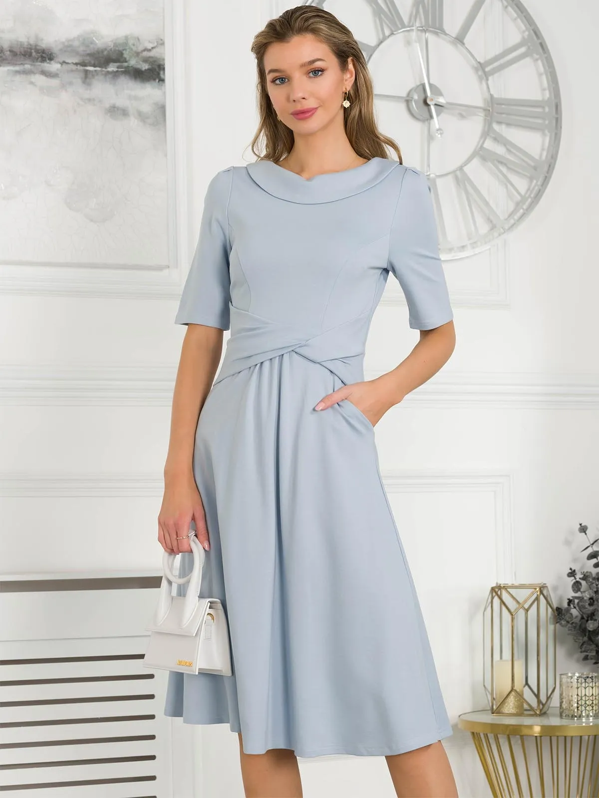 Jolie Moi Fold Over Fit and Flare Midi Dress, Dusky Blue