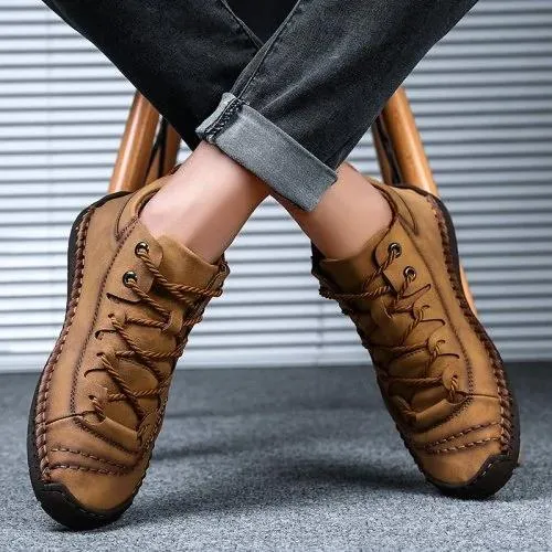 Kaegreel Men's Hand Stitching Vintage Microfiber Leather Lace Up Comfy Soft Ankle Boots