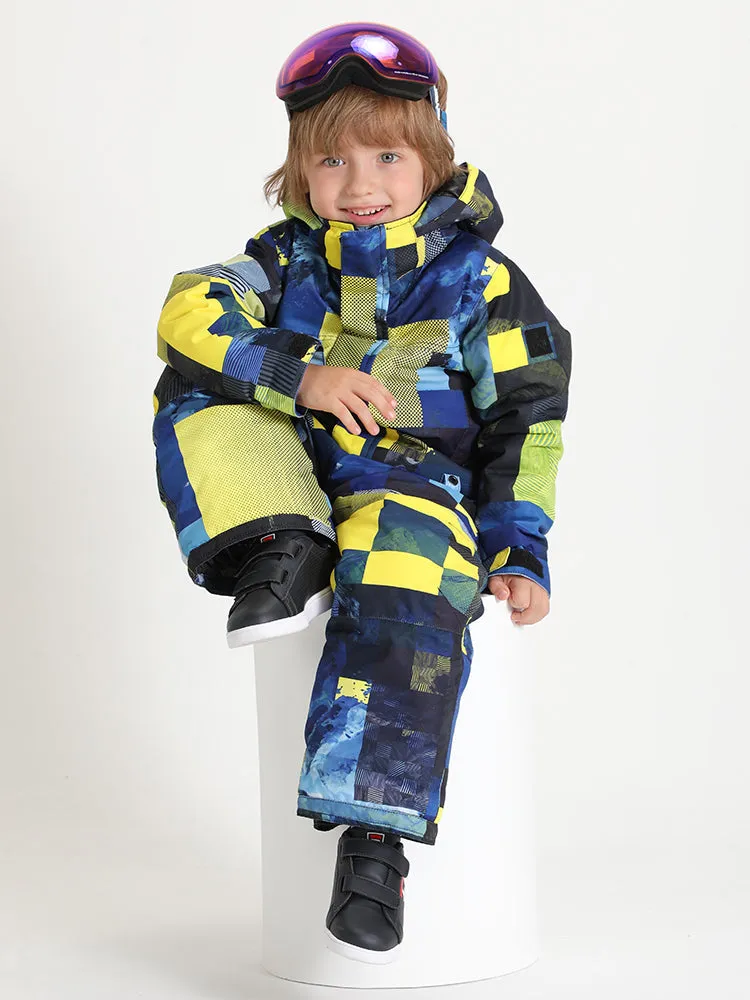 Kid's Yellow Plaid Waterproof Winter One Piece Snowboard Suit